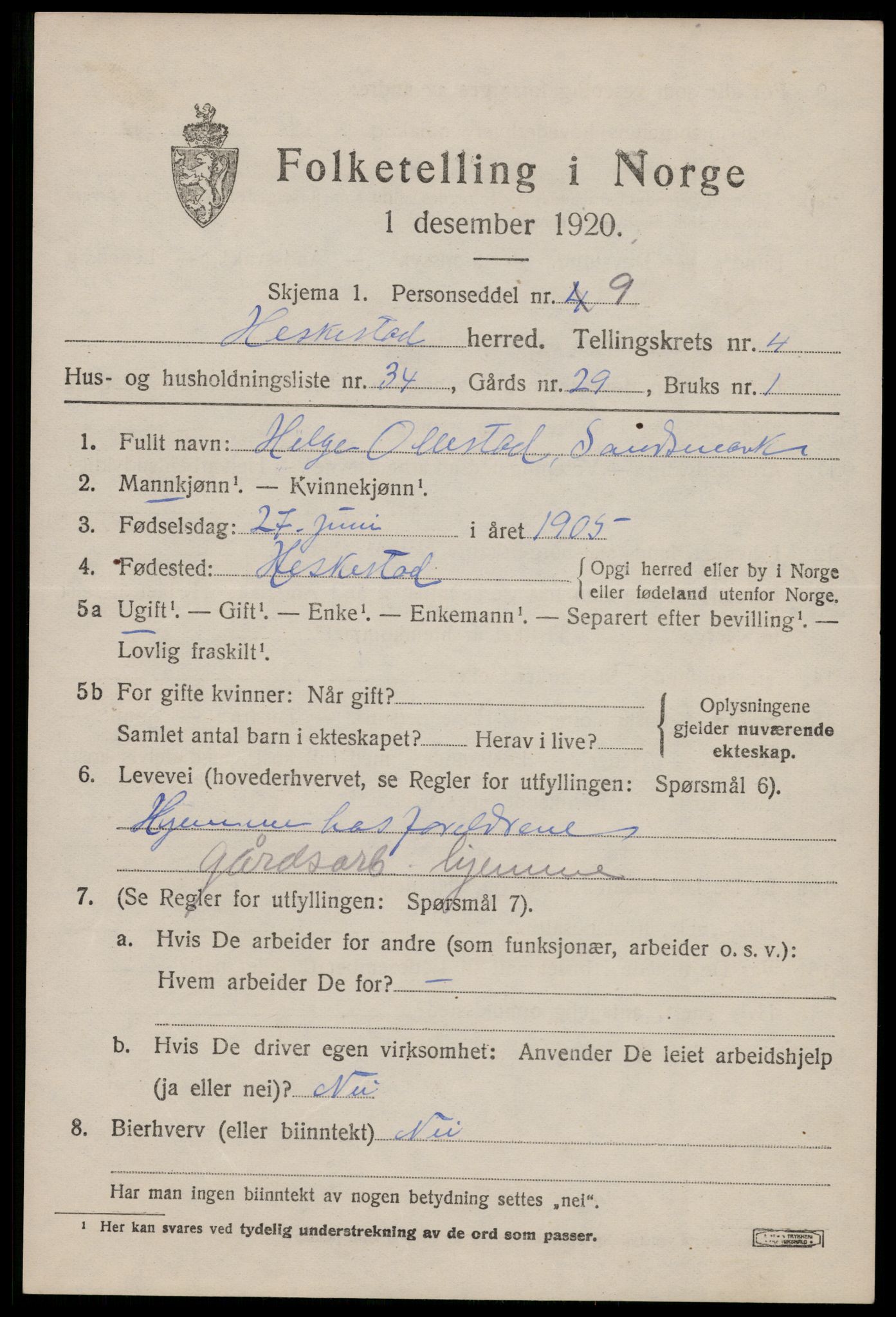 SAST, 1920 census for Heskestad, 1920, p. 1825