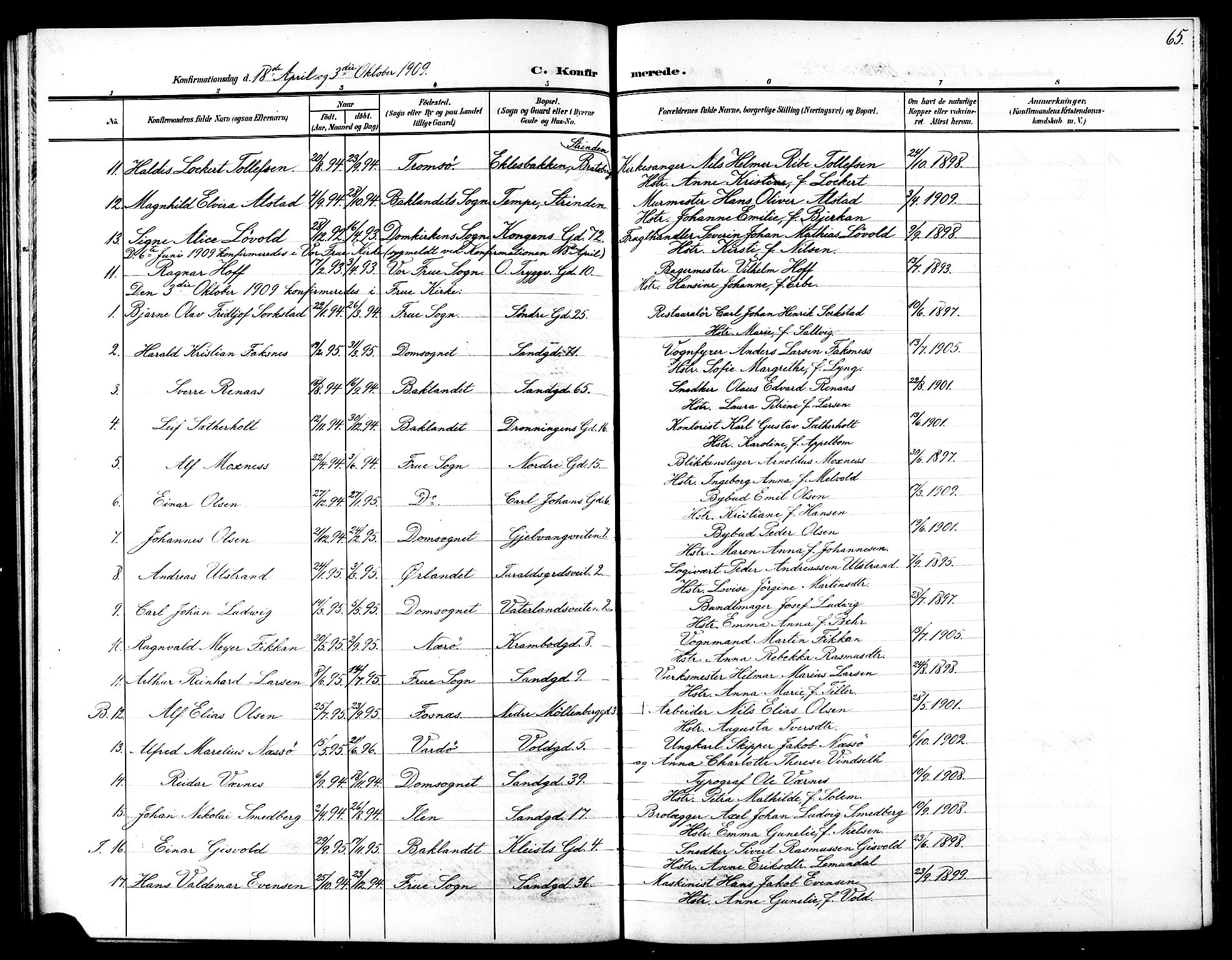 Ministerialprotokoller, klokkerbøker og fødselsregistre - Sør-Trøndelag, SAT/A-1456/602/L0146: Parish register (copy) no. 602C14, 1904-1914, p. 65