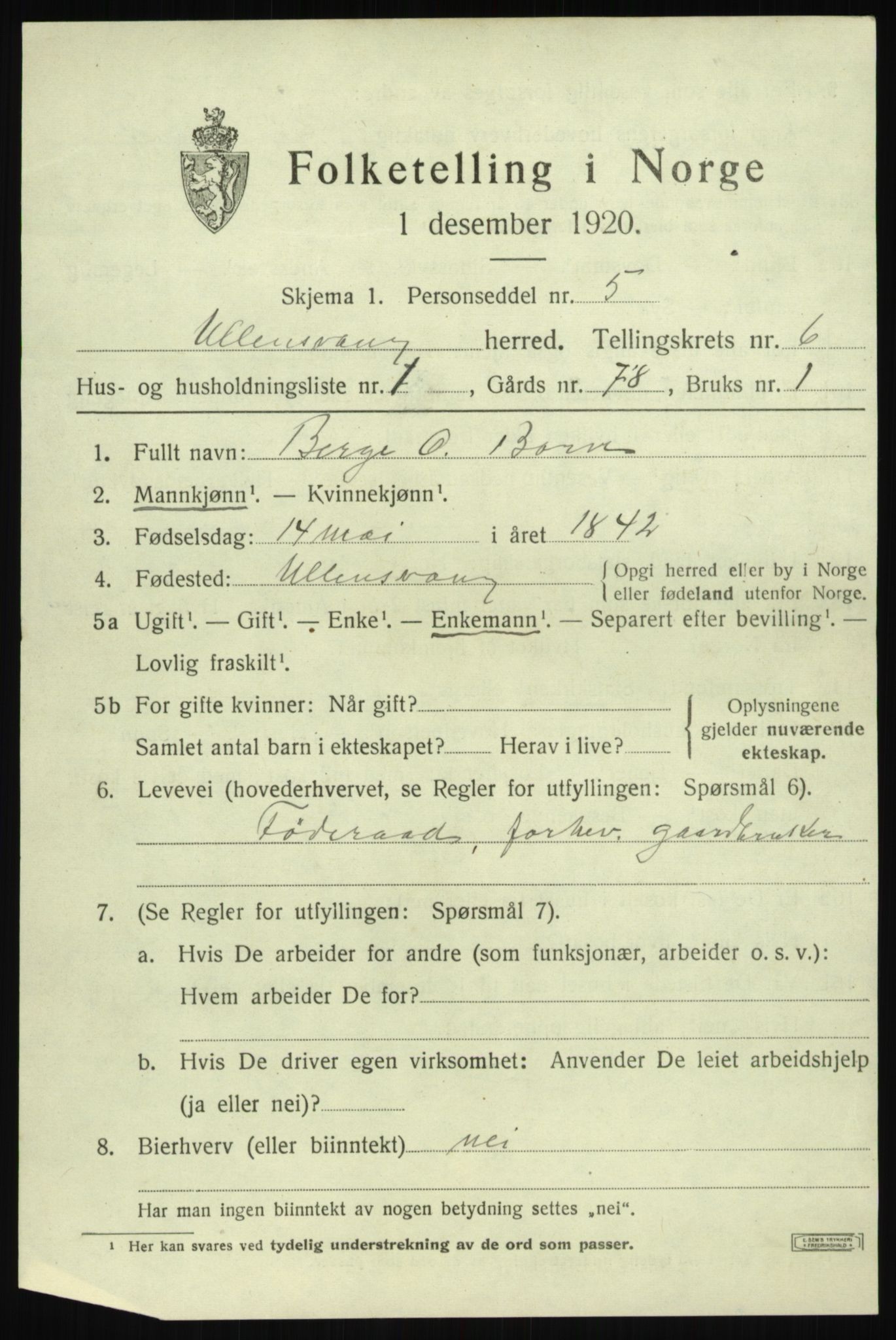 SAB, 1920 census for Ullensvang, 1920, p. 3604