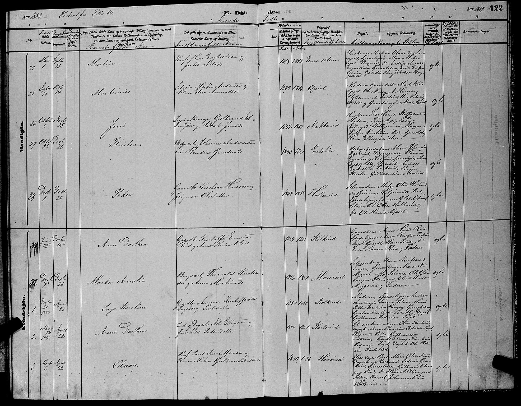Hole kirkebøker, SAKO/A-228/G/Gb/L0002: Parish register (copy) no. II 2, 1878-1889, p. 122