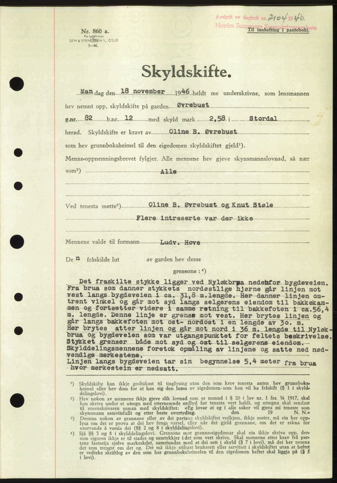 Nordre Sunnmøre sorenskriveri, AV/SAT-A-0006/1/2/2C/2Ca: Mortgage book no. A23, 1946-1947, Diary no: : 2104/1946