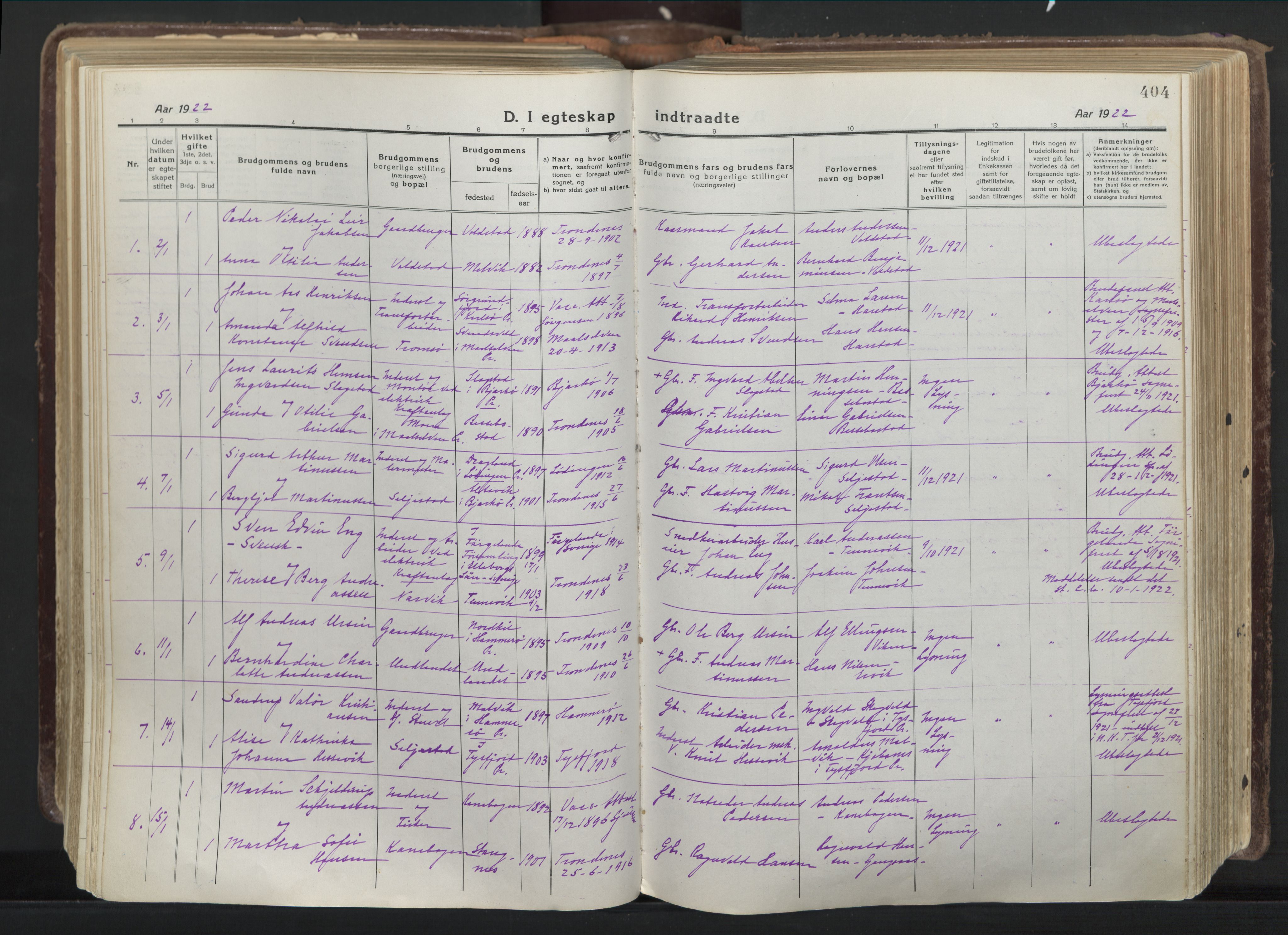 Trondenes sokneprestkontor, SATØ/S-1319/H/Ha/L0019kirke: Parish register (official) no. 19, 1919-1928, p. 404