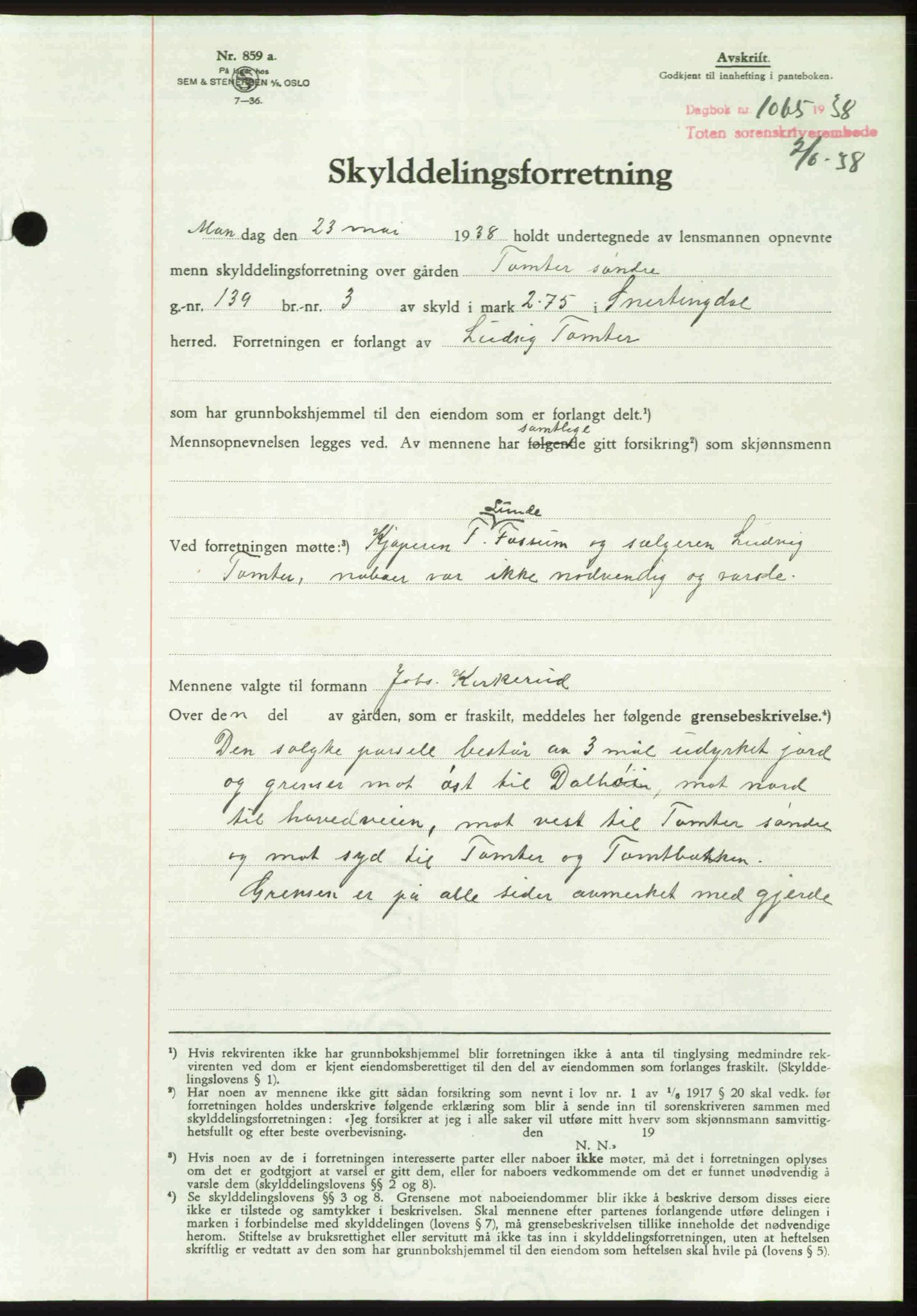 Toten tingrett, SAH/TING-006/H/Hb/Hbc/L0004: Mortgage book no. Hbc-04, 1938-1938, Diary no: : 1065/1938