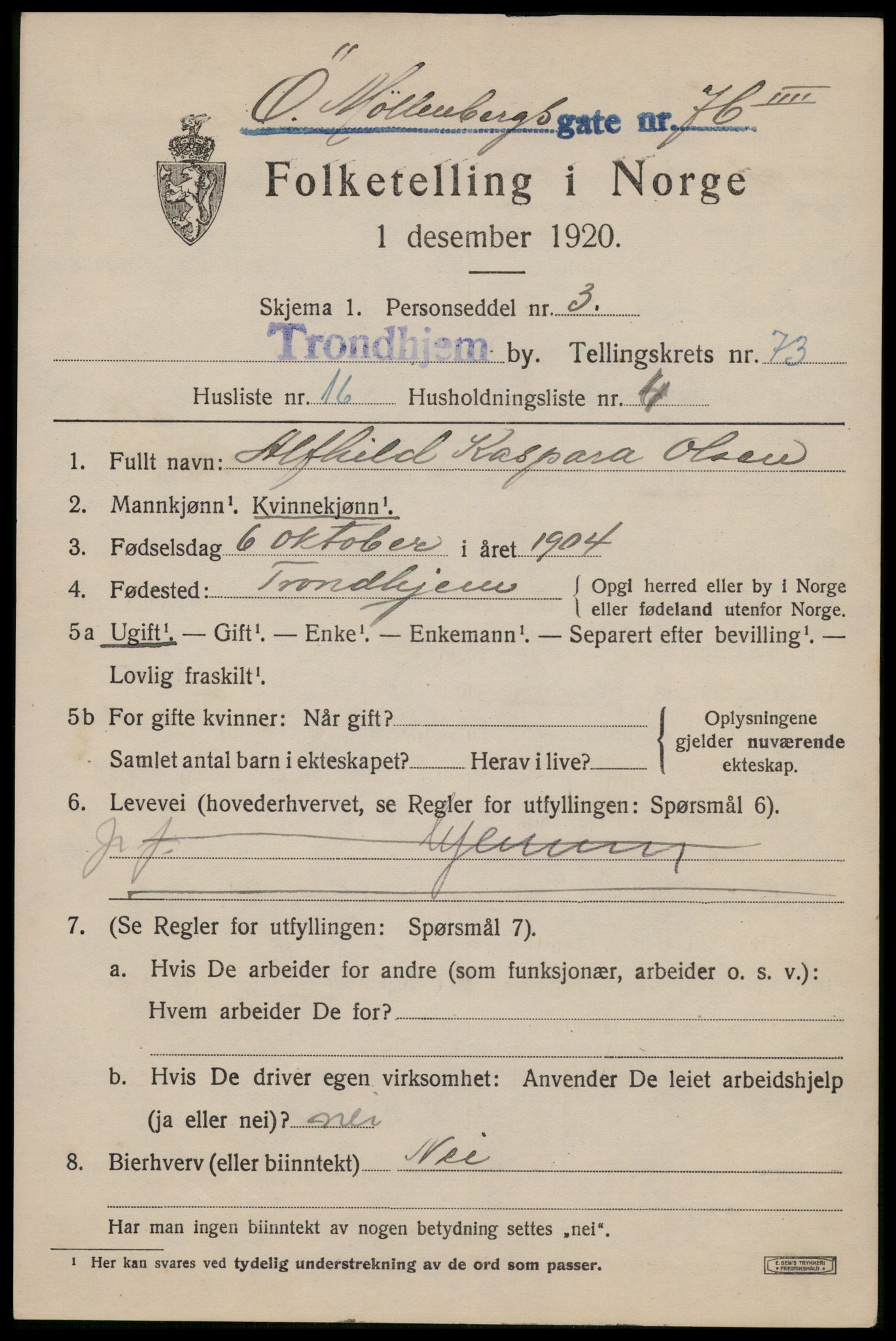 SAT, 1920 census for Trondheim, 1920, p. 143768