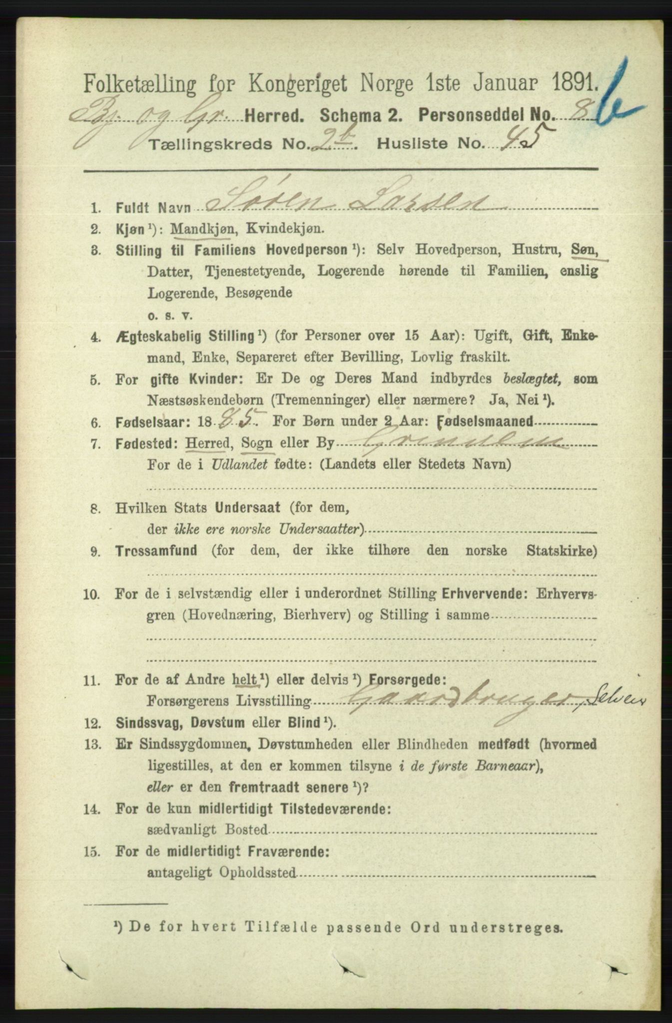 RA, 1891 census for 1024 Bjelland og Grindheim, 1891, p. 580