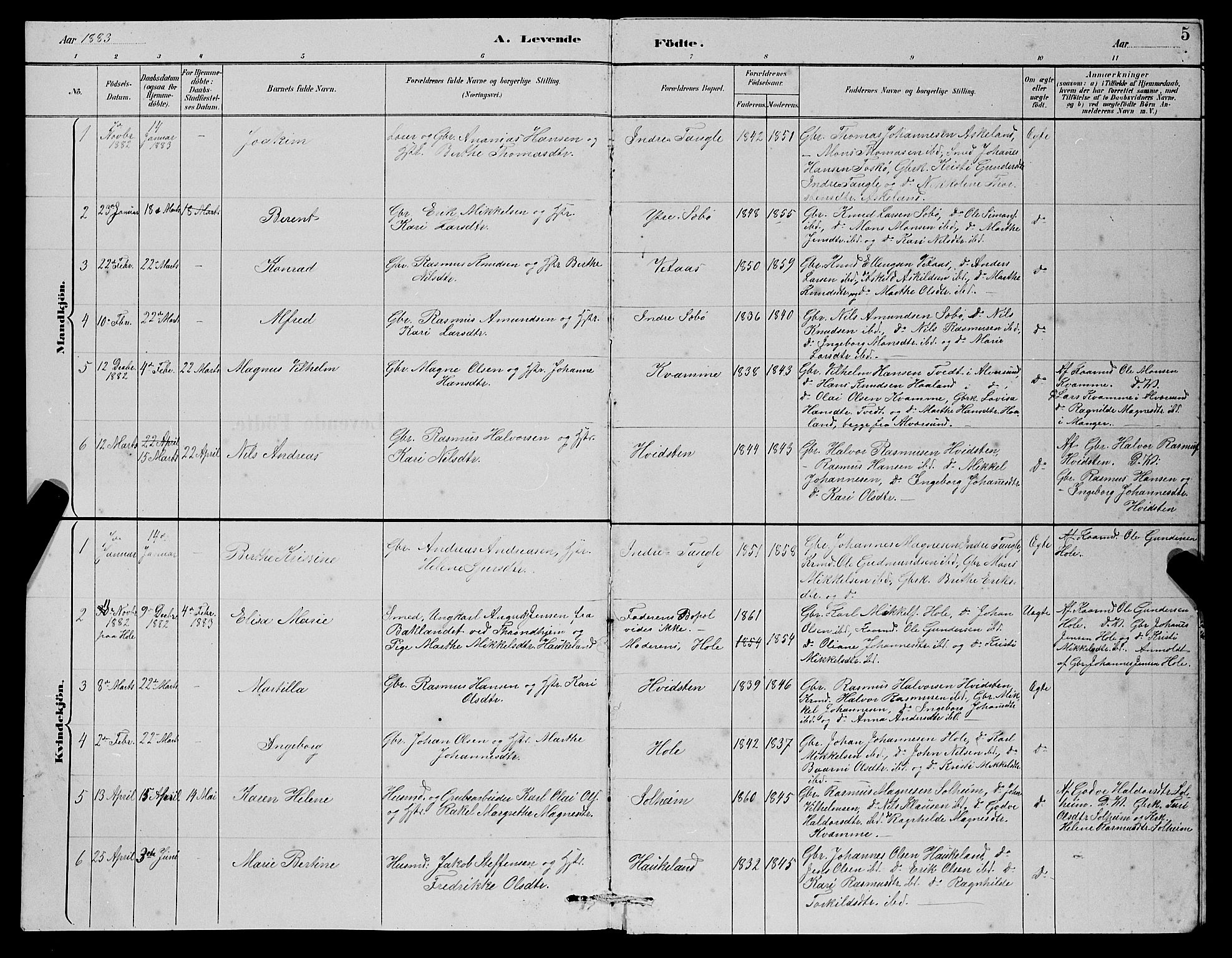 Manger sokneprestembete, SAB/A-76801/H/Hab: Parish register (copy) no. D 2, 1883-1894, p. 5