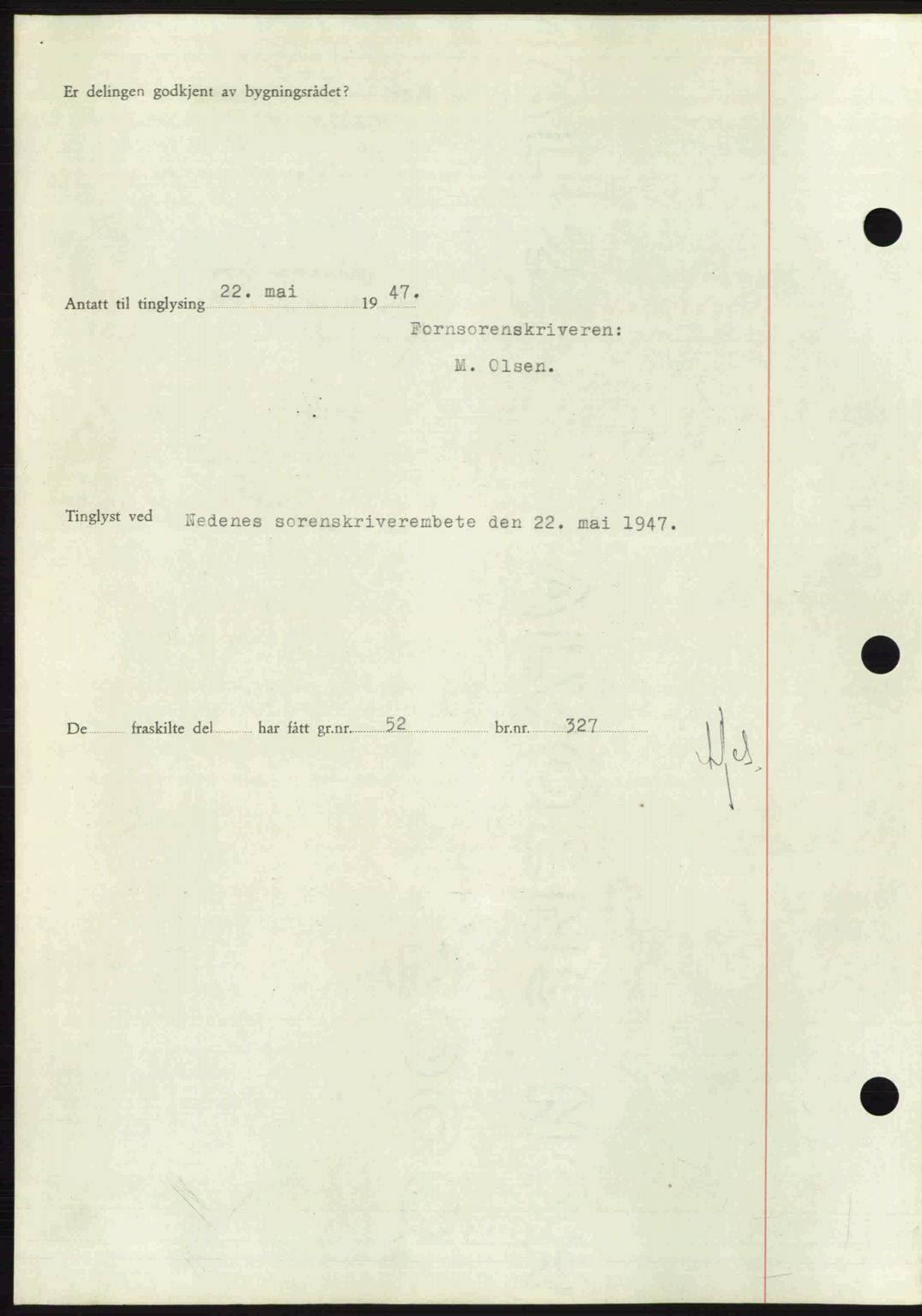 Nedenes sorenskriveri, AV/SAK-1221-0006/G/Gb/Gba/L0057: Mortgage book no. A9, 1947-1947, Diary no: : 623/1947