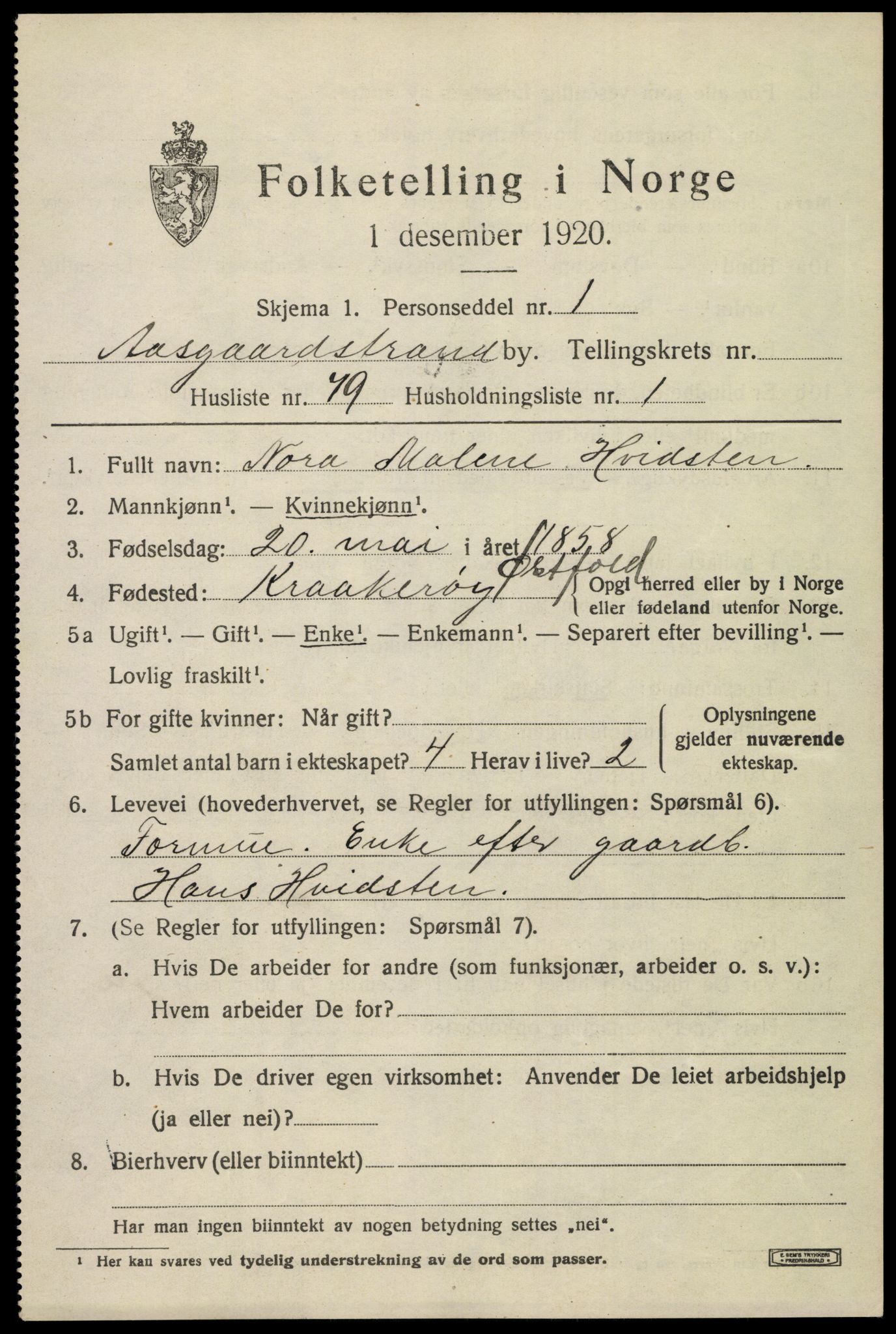 SAKO, 1920 census for Åsgårdstrand, 1920, p. 1209