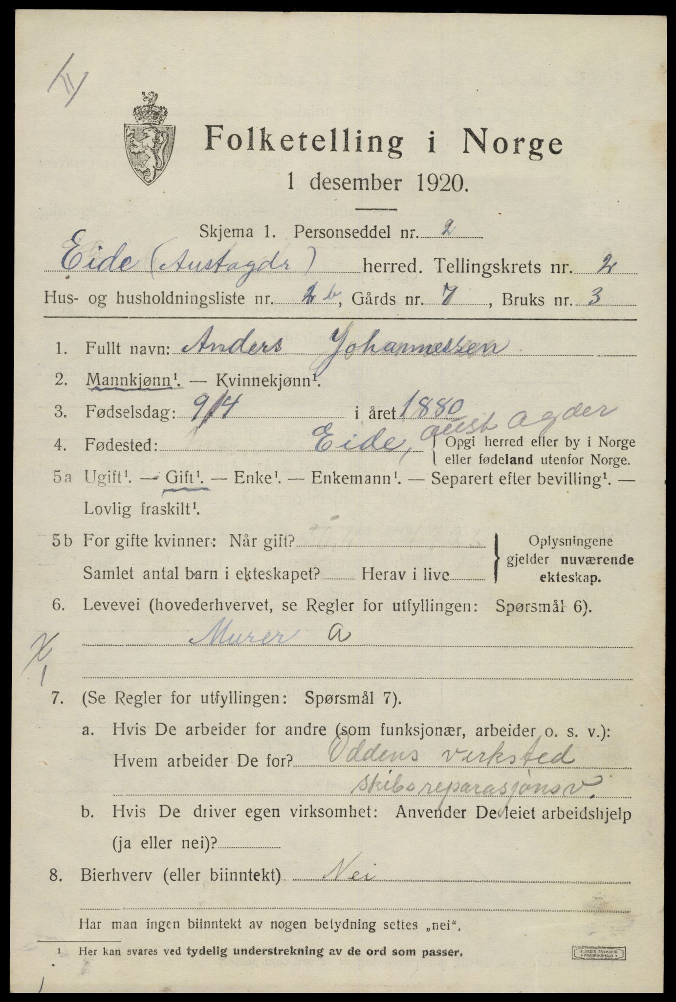 SAK, 1920 census for Eide, 1920, p. 666