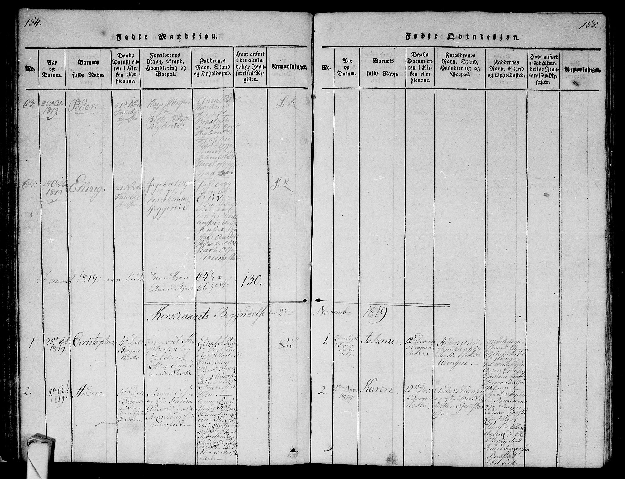 Lier kirkebøker, SAKO/A-230/G/Ga/L0001: Parish register (copy) no. I 1, 1813-1824, p. 154-155