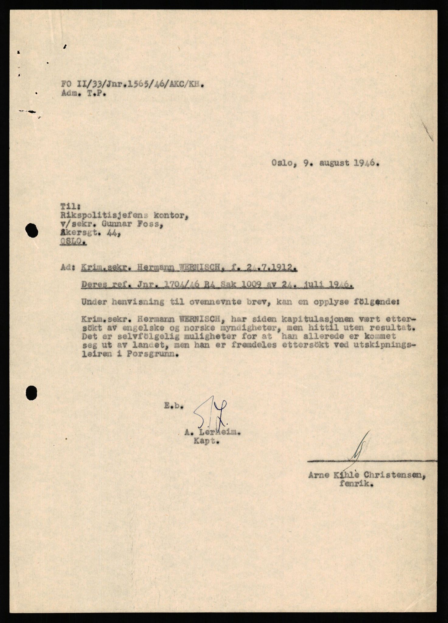 Forsvaret, Forsvarets overkommando II, AV/RA-RAFA-3915/D/Db/L0040: CI Questionaires. Tyske okkupasjonsstyrker i Norge. Østerrikere., 1945-1946, p. 412