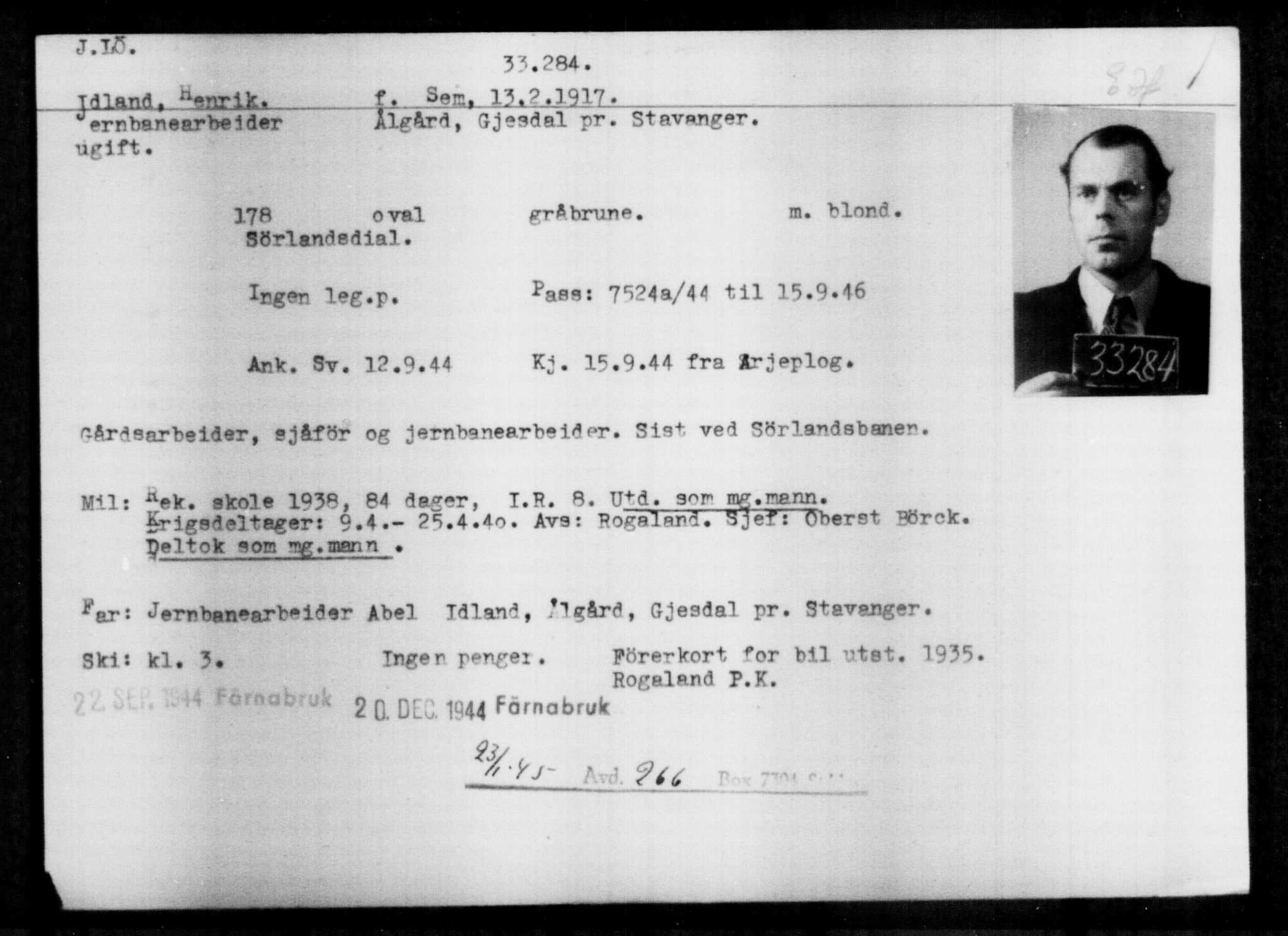 Utenriksstasjonene, Legasjonen i Stockholm, Flyktningkontoret, AV/RA-S-6753/V/Va/L0013: Kjesäterkartoteket, flyktninger med registreringsnr. 31500-34731, 1940-1945, p. 1873