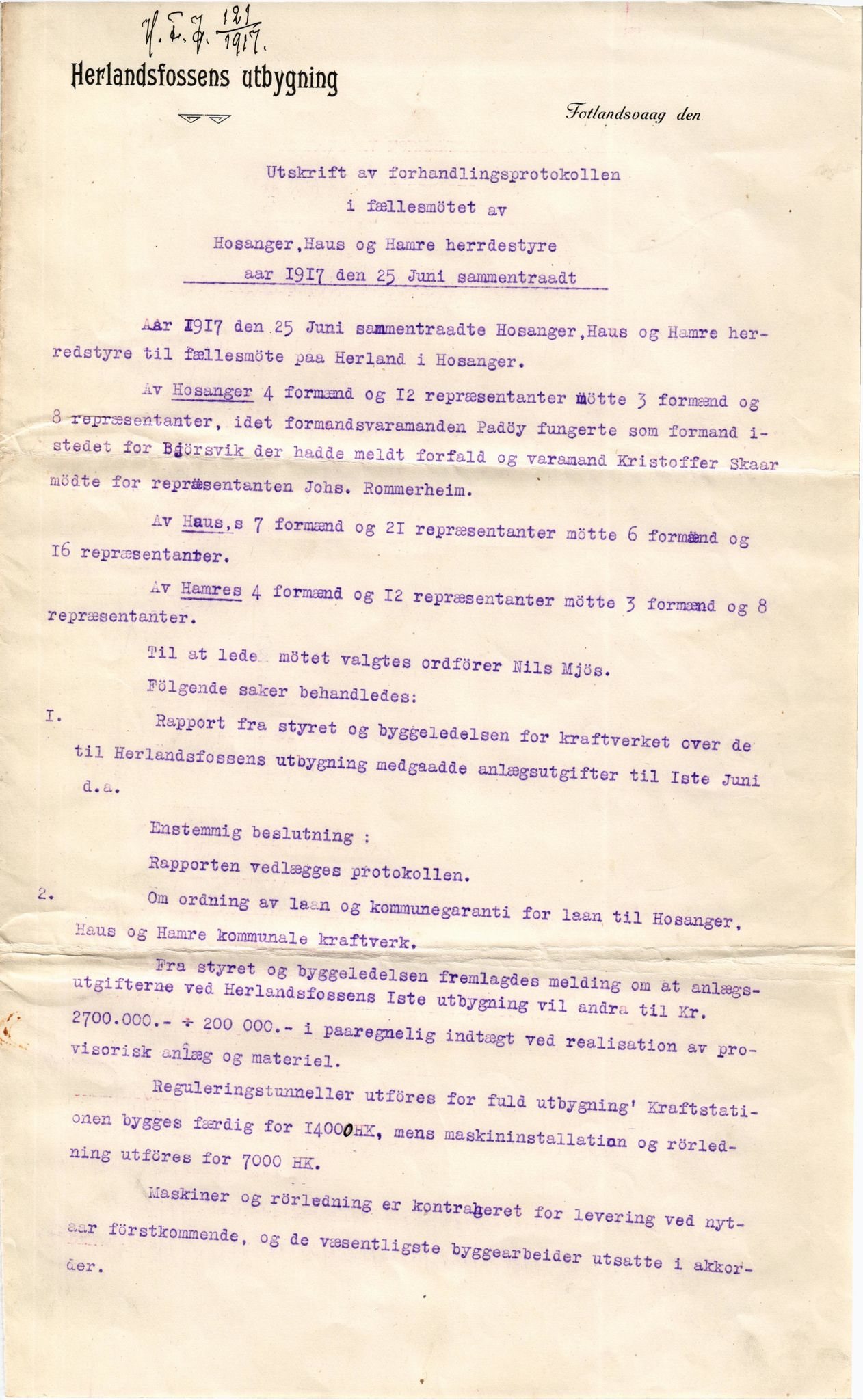 Hamre kommune. Formannskapet, IKAH/1254-021/D/Db/L0004/0001: Elektrisitet  / Hosanger, Haus og Hamre kommunale kraftverk , 1917-1920