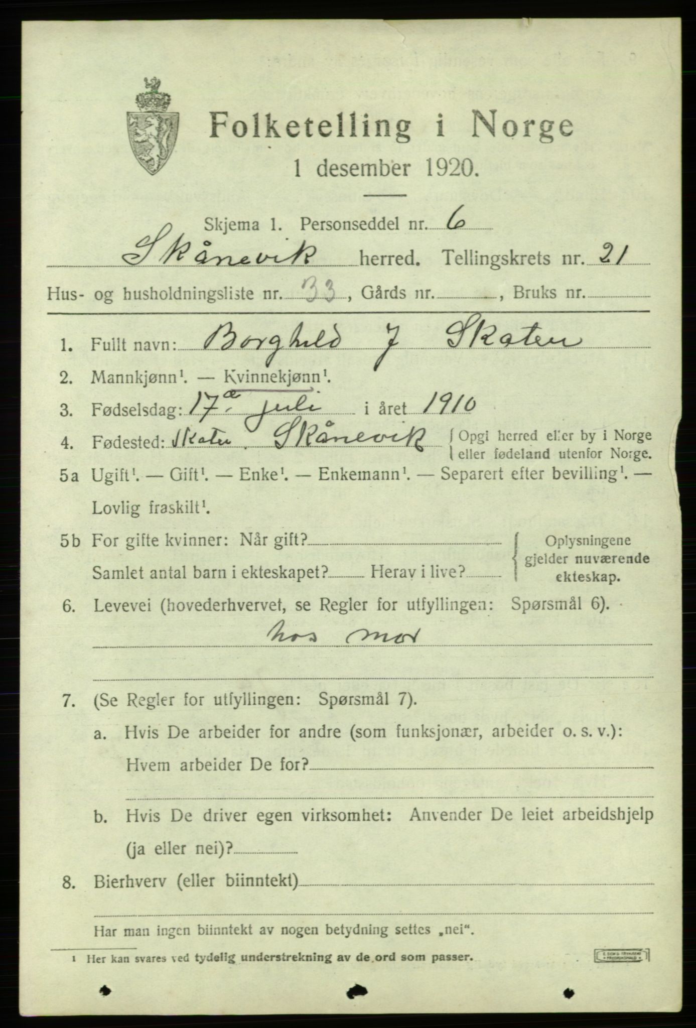 SAB, 1920 census for Skånevik, 1920, p. 8129