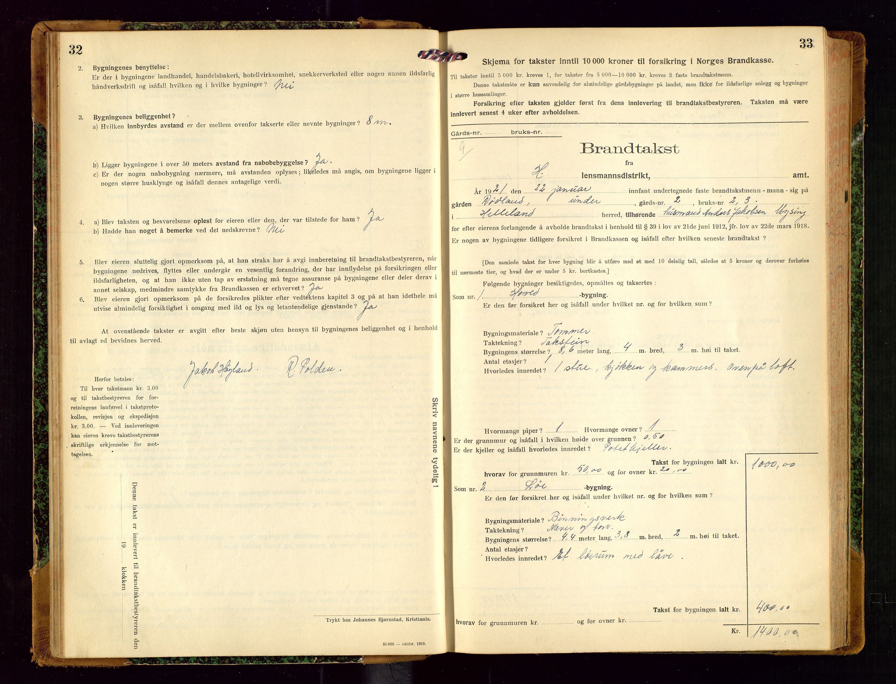Helleland lensmannskontor, AV/SAST-A-100209/Gob/L0002: "Brandtakstprotokoll", 1921-1930, p. 32-33