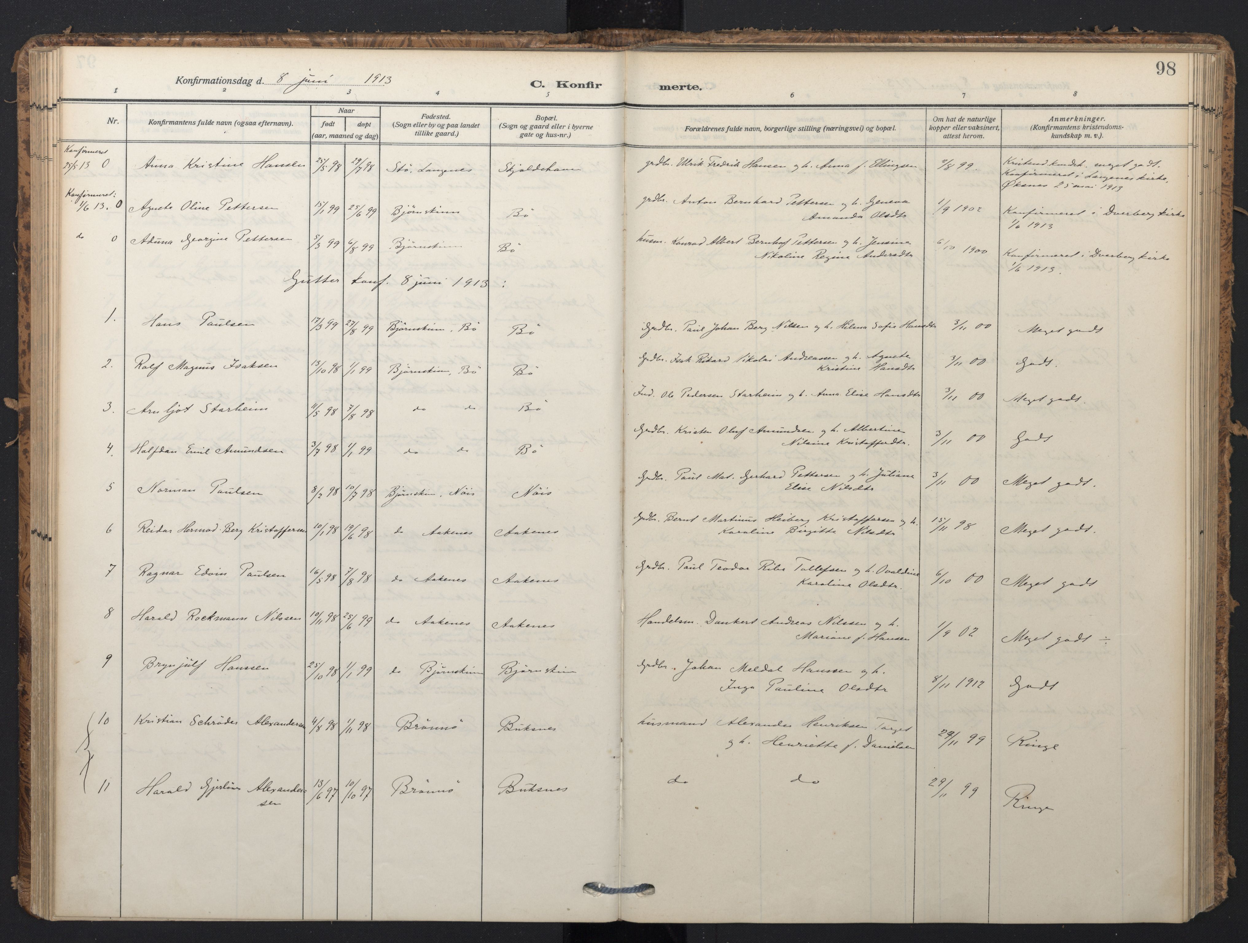 Ministerialprotokoller, klokkerbøker og fødselsregistre - Nordland, SAT/A-1459/898/L1423: Parish register (official) no. 898A03, 1909-1928, p. 98