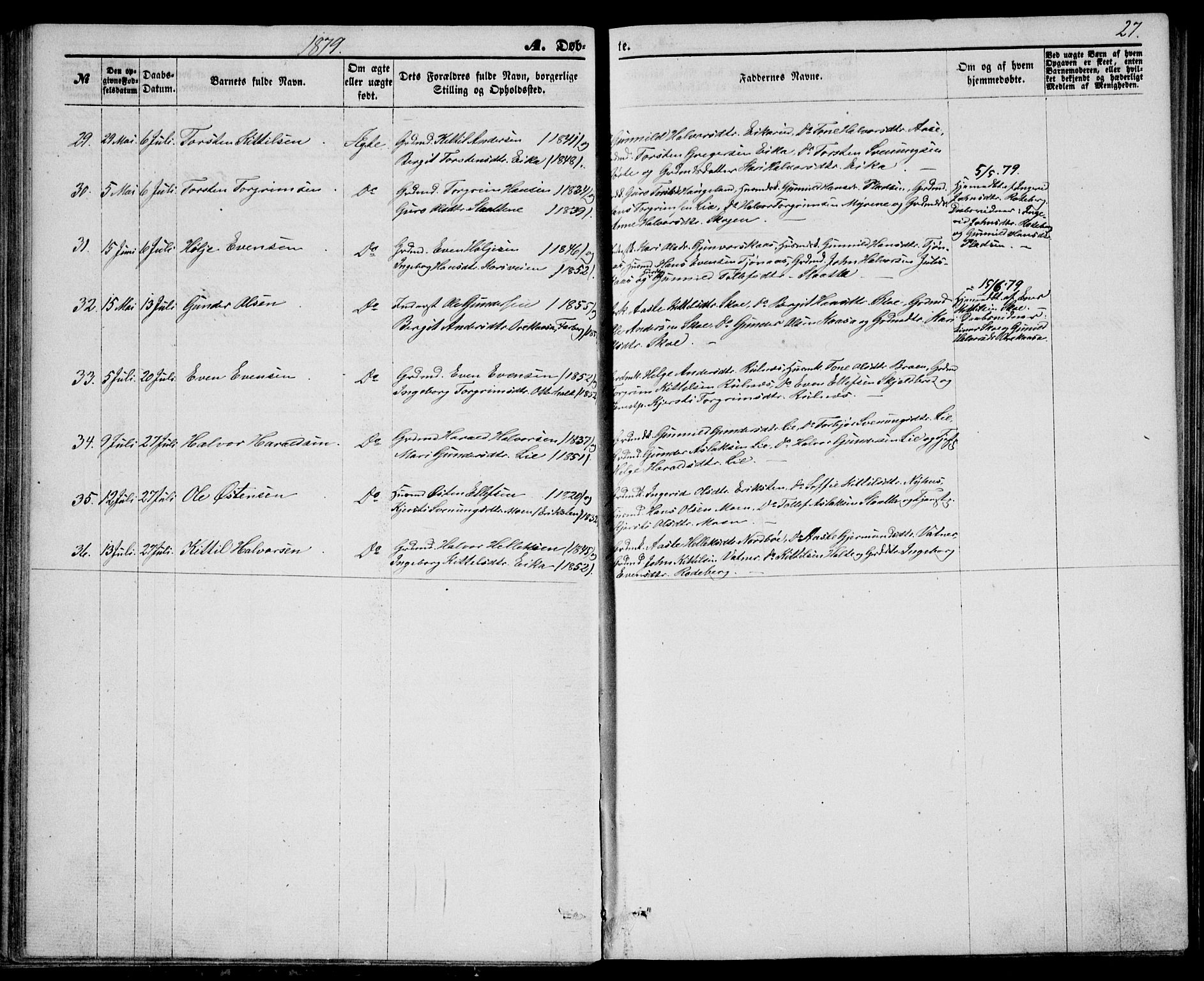 Bø kirkebøker, AV/SAKO-A-257/G/Ga/L0004: Parish register (copy) no. 4, 1876-1882, p. 27