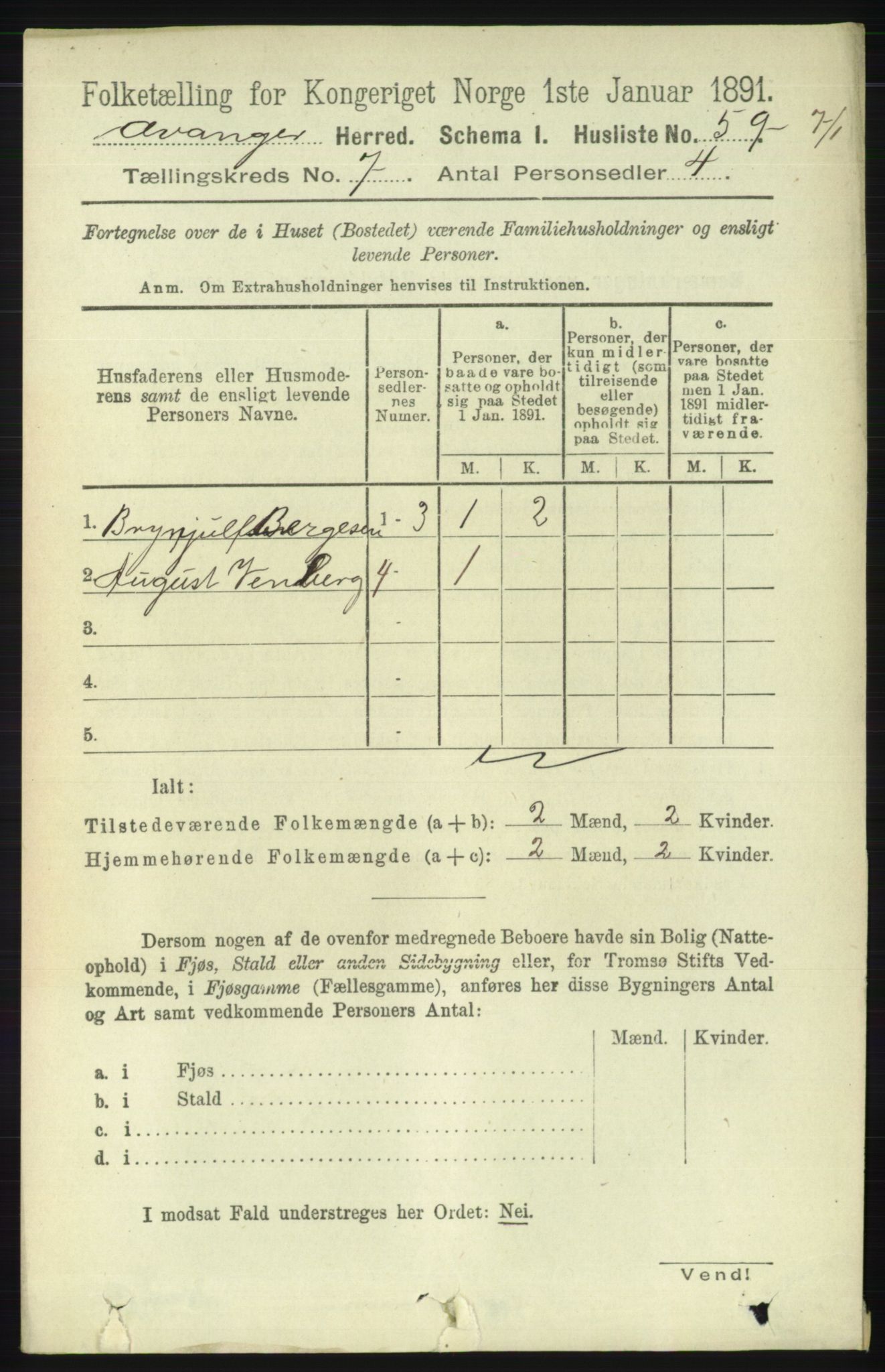 RA, 1891 census for 1237 Evanger, 1891, p. 1876