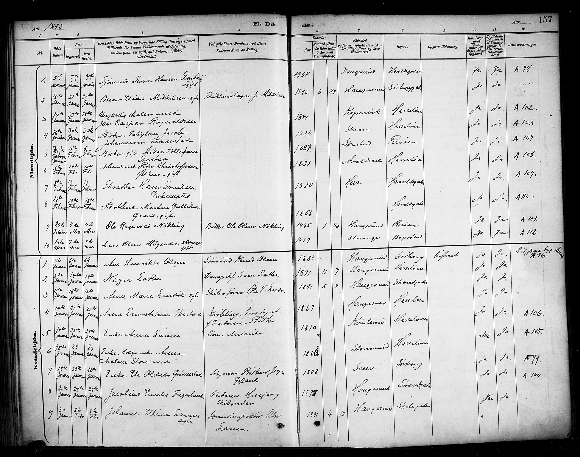Haugesund sokneprestkontor, SAST/A -101863/H/Ha/Haa/L0005: Parish register (official) no. A 5, 1891-1903, p. 157