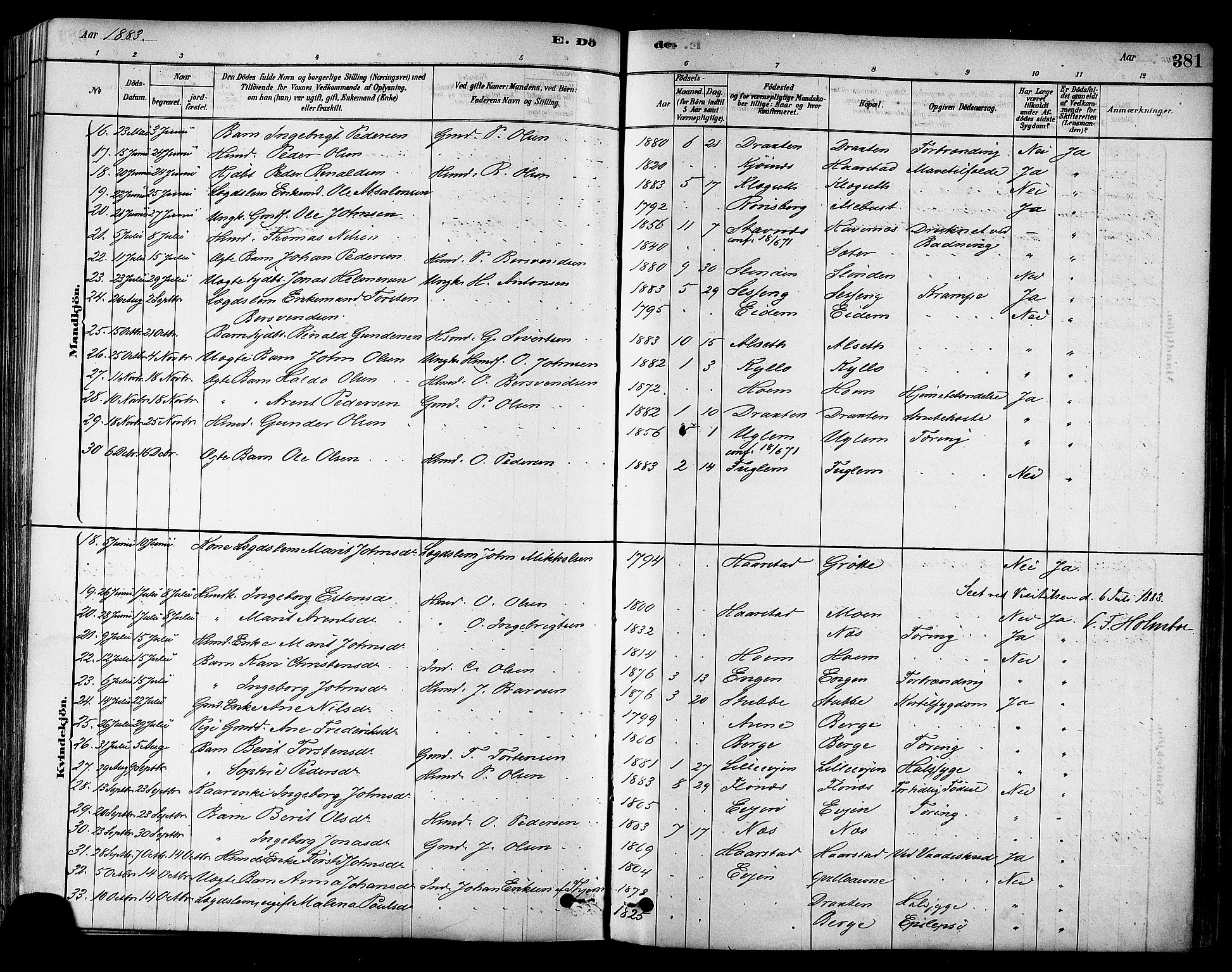 Ministerialprotokoller, klokkerbøker og fødselsregistre - Sør-Trøndelag, SAT/A-1456/695/L1148: Parish register (official) no. 695A08, 1878-1891, p. 381