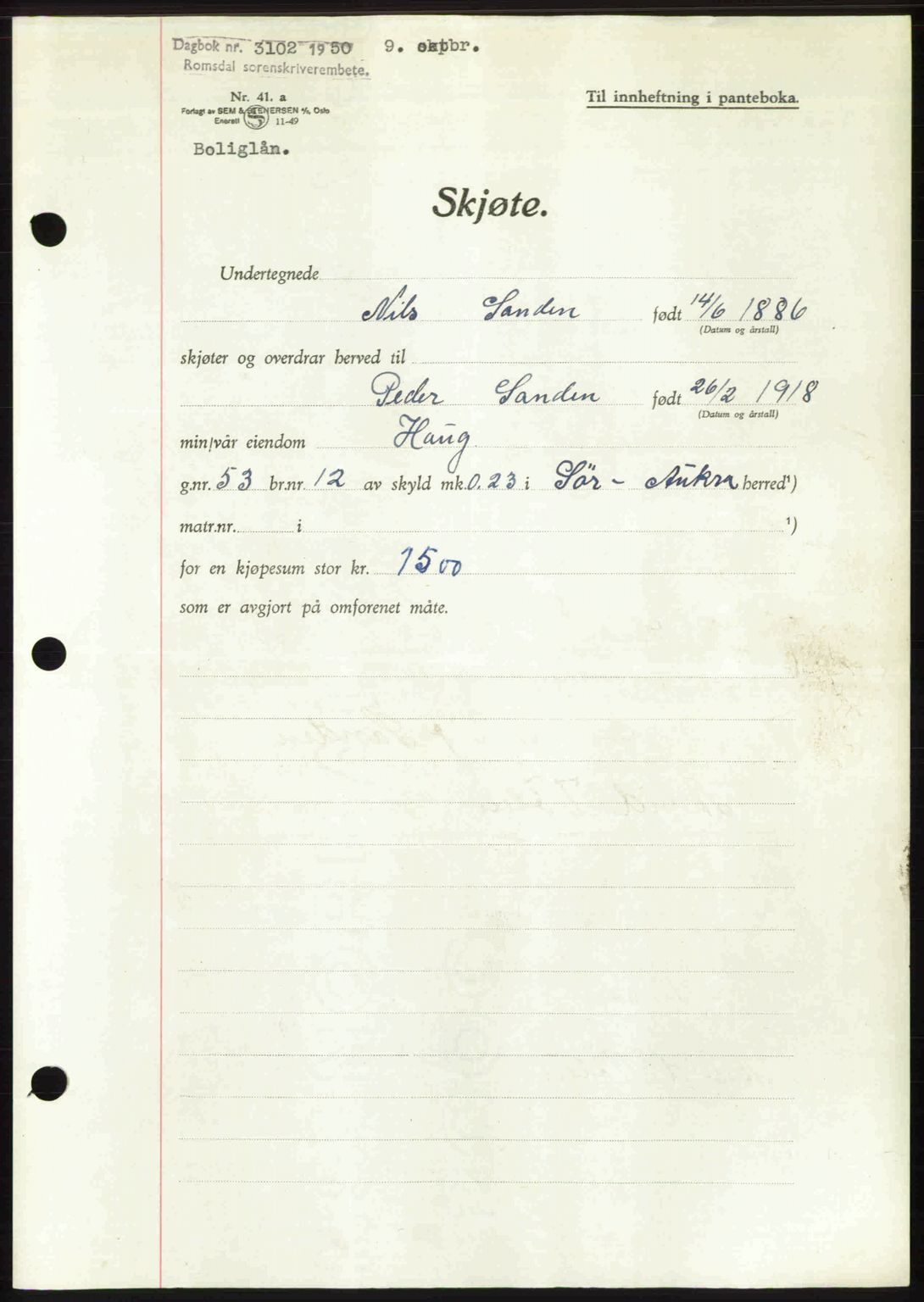 Romsdal sorenskriveri, AV/SAT-A-4149/1/2/2C: Mortgage book no. A34, 1950-1950, Diary no: : 3102/1950