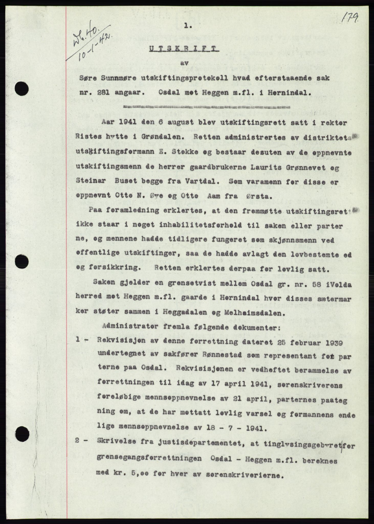 Søre Sunnmøre sorenskriveri, AV/SAT-A-4122/1/2/2C/L0073: Mortgage book no. 67, 1941-1942, Diary no: : 40/1942