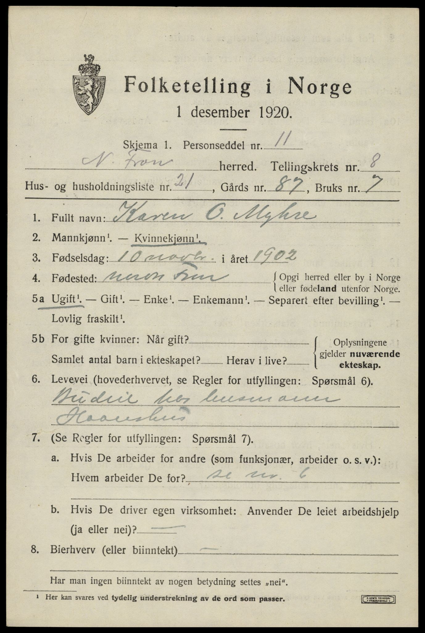 SAH, 1920 census for Nord-Fron, 1920, p. 7020