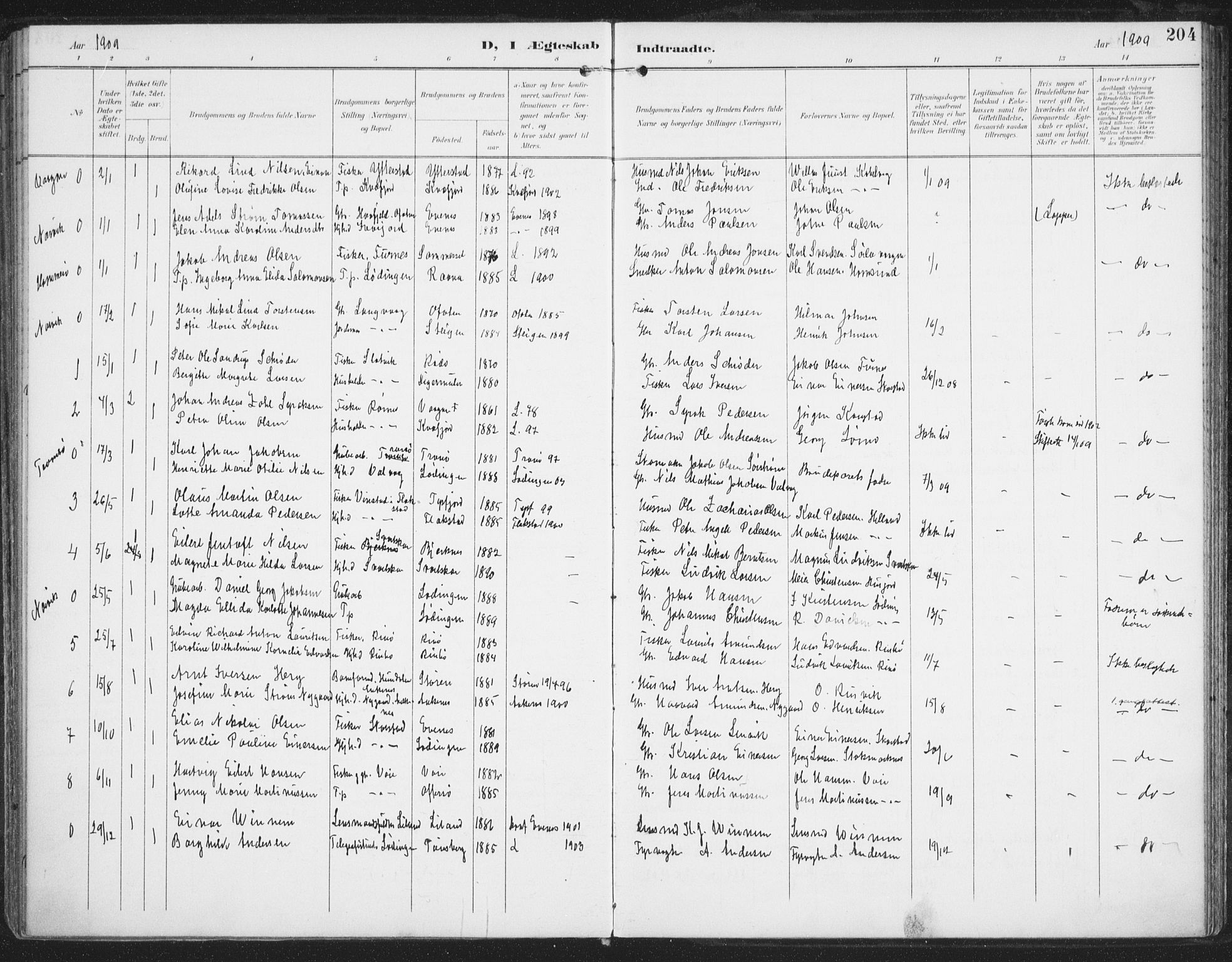 Ministerialprotokoller, klokkerbøker og fødselsregistre - Nordland, AV/SAT-A-1459/872/L1036: Parish register (official) no. 872A11, 1897-1913, p. 204