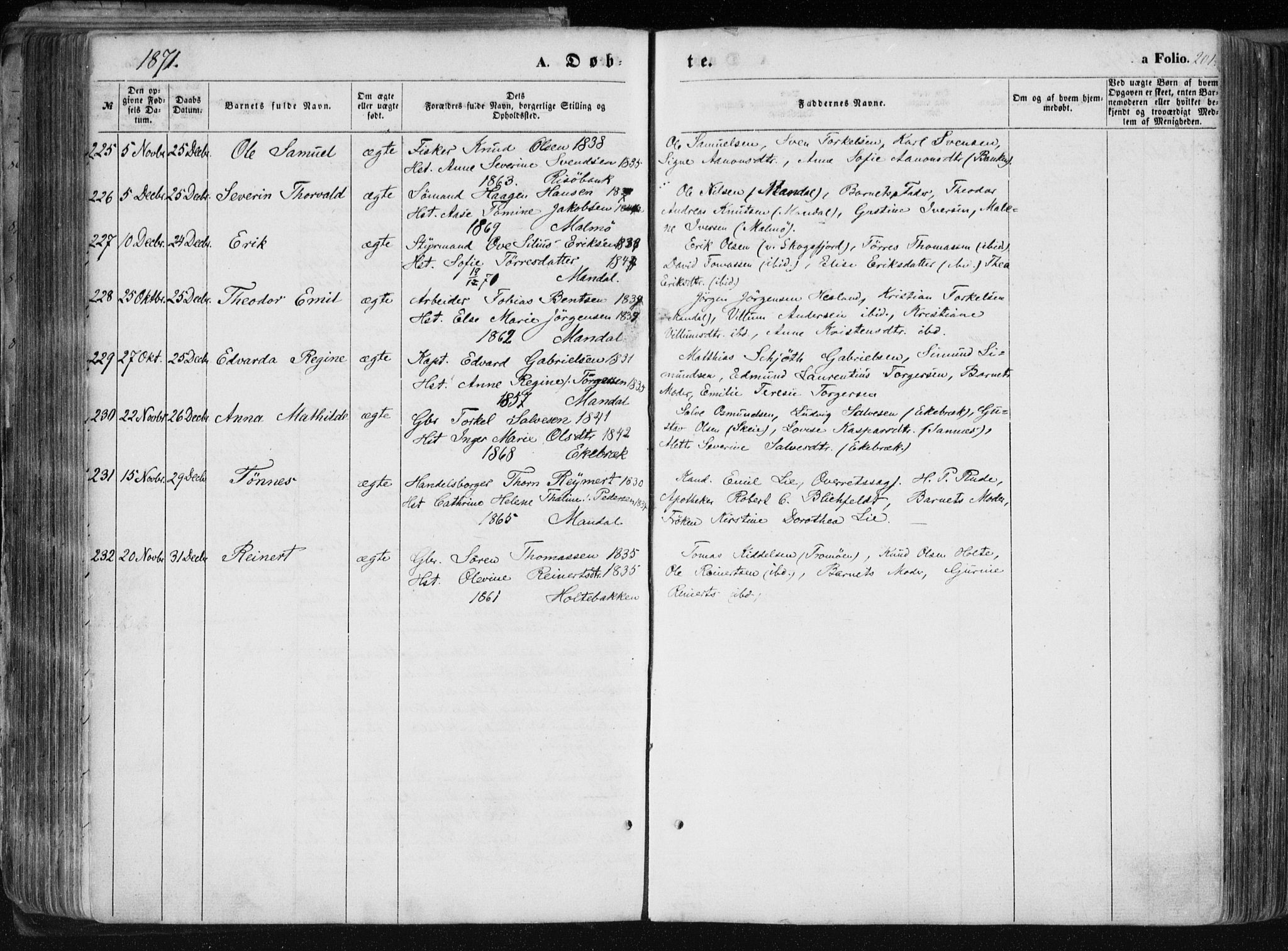 Mandal sokneprestkontor, AV/SAK-1111-0030/F/Fa/Faa/L0014: Parish register (official) no. A 14, 1859-1872, p. 201