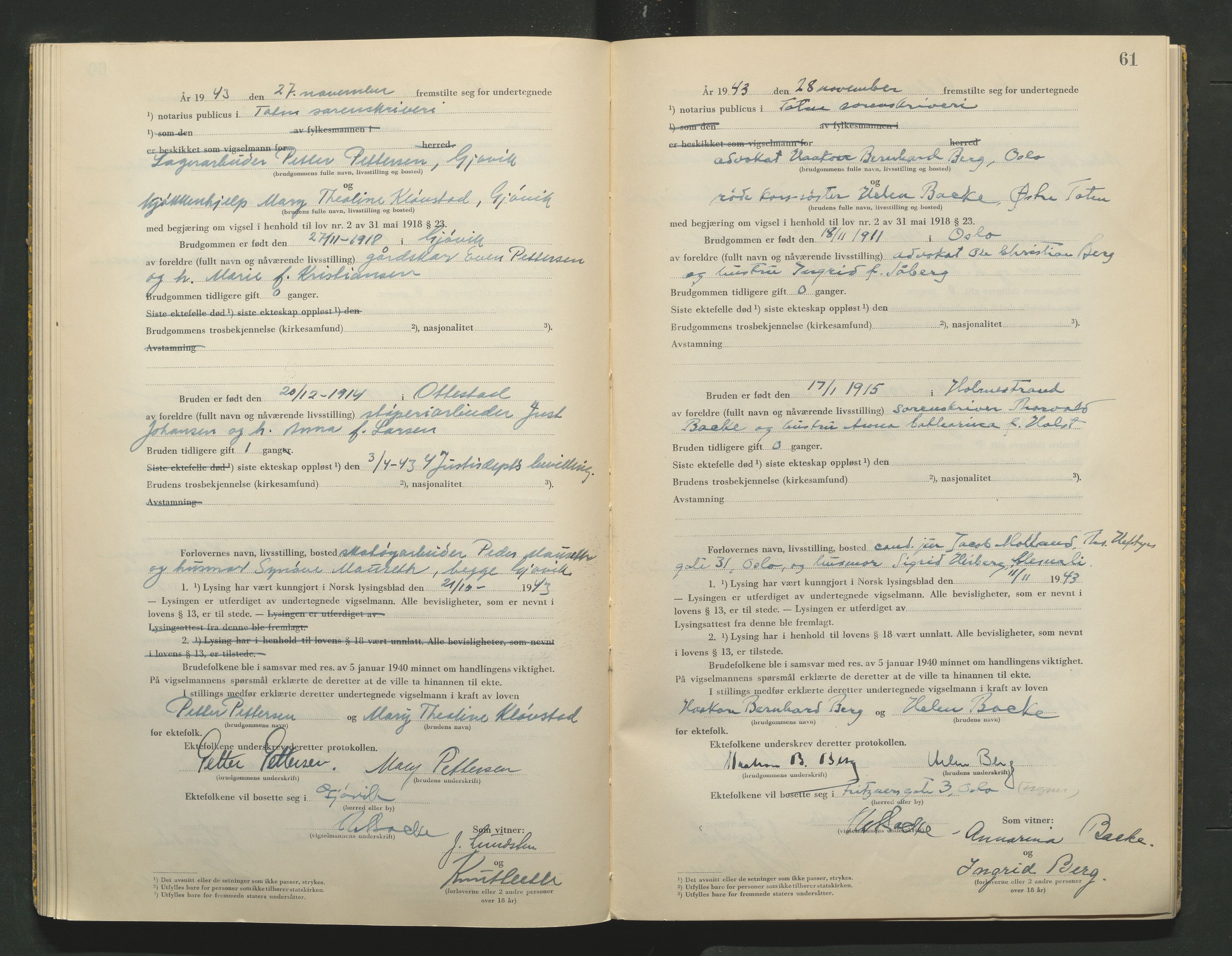 Toten tingrett, AV/SAH-TING-006/L/Lc/L0003: Vigselbok, 1943-1944, p. 61