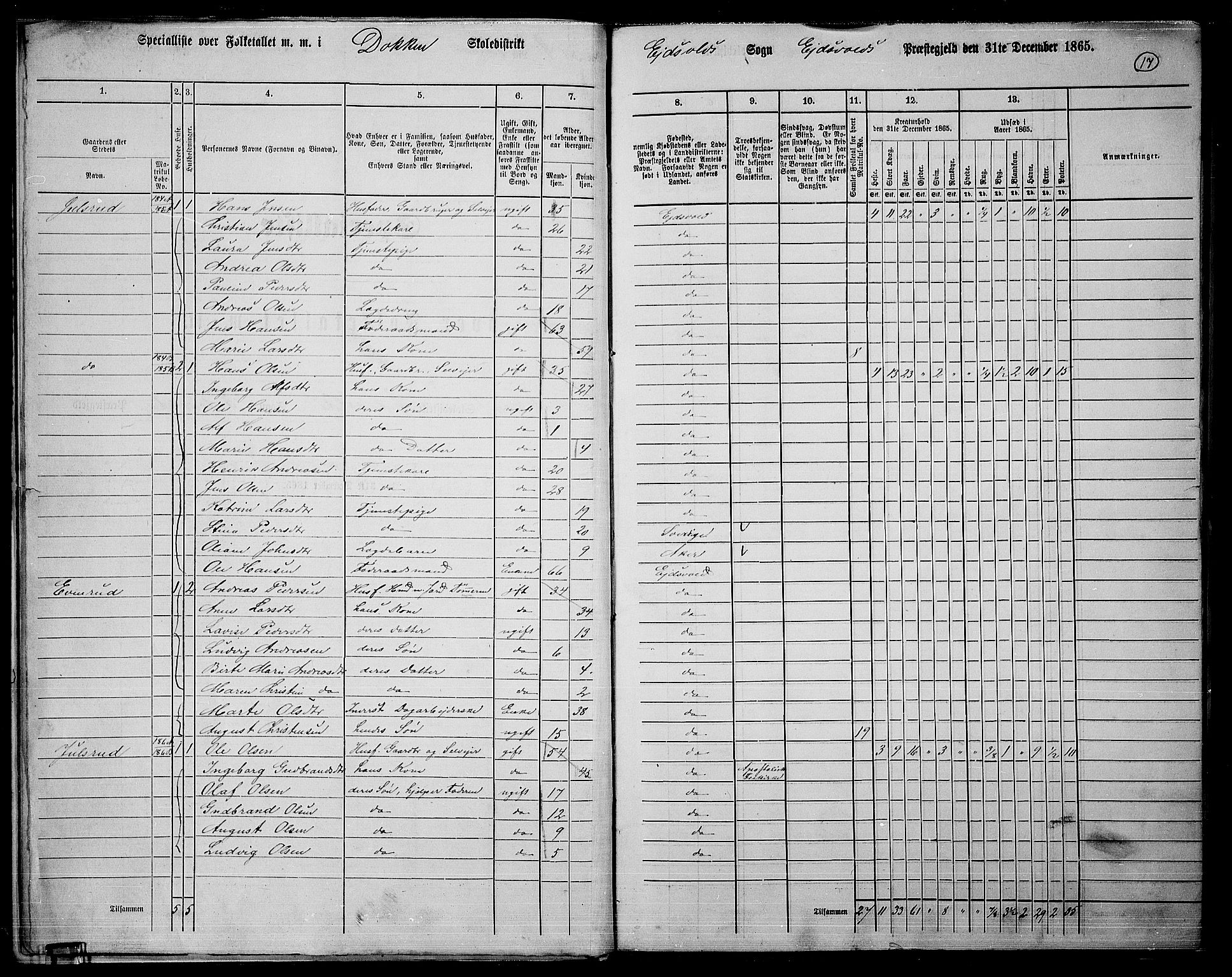 RA, 1865 census for Eidsvoll, 1865, p. 16