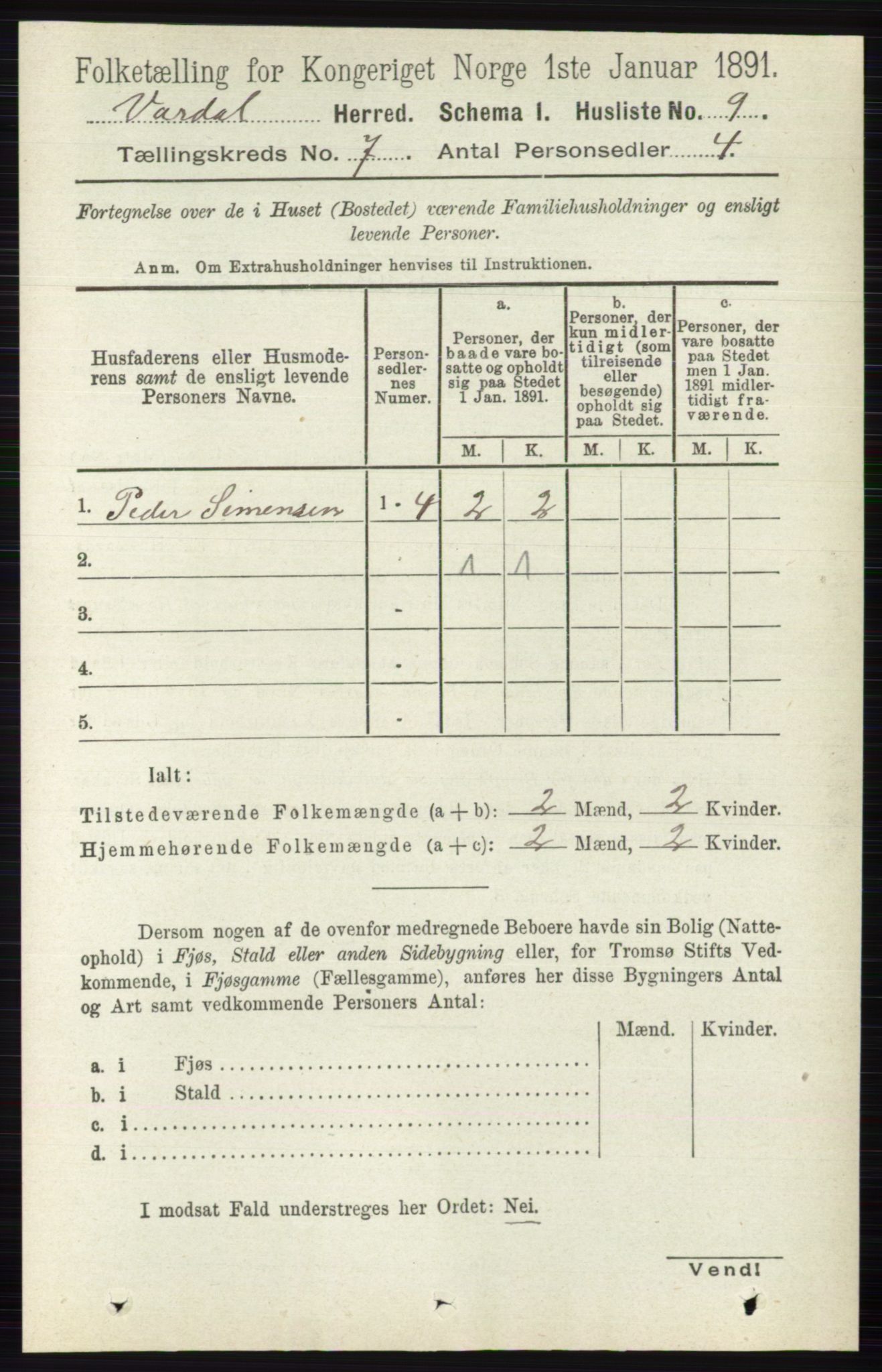 RA, 1891 census for 0527 Vardal, 1891, p. 2890