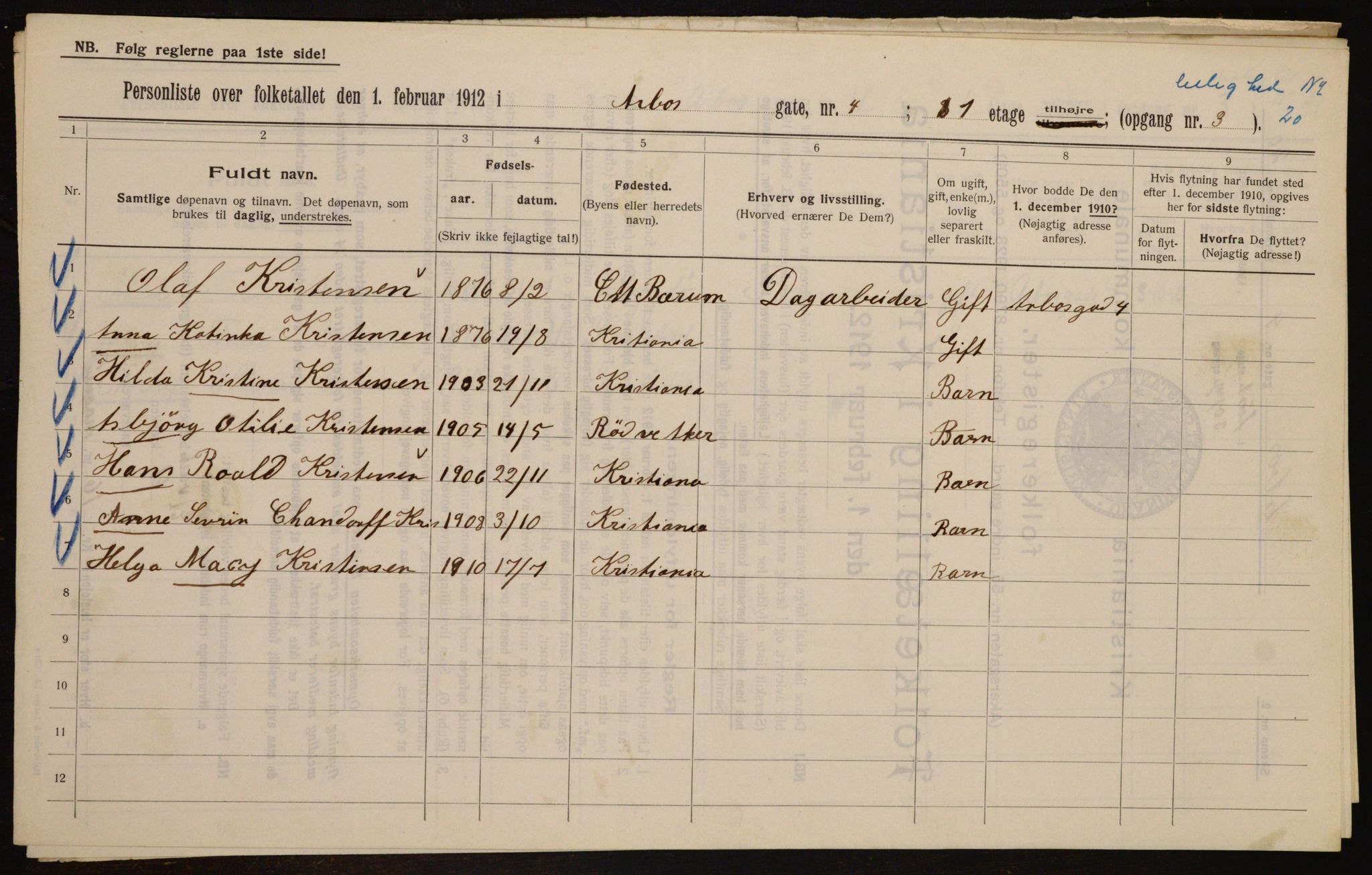 OBA, Municipal Census 1912 for Kristiania, 1912, p. 1882