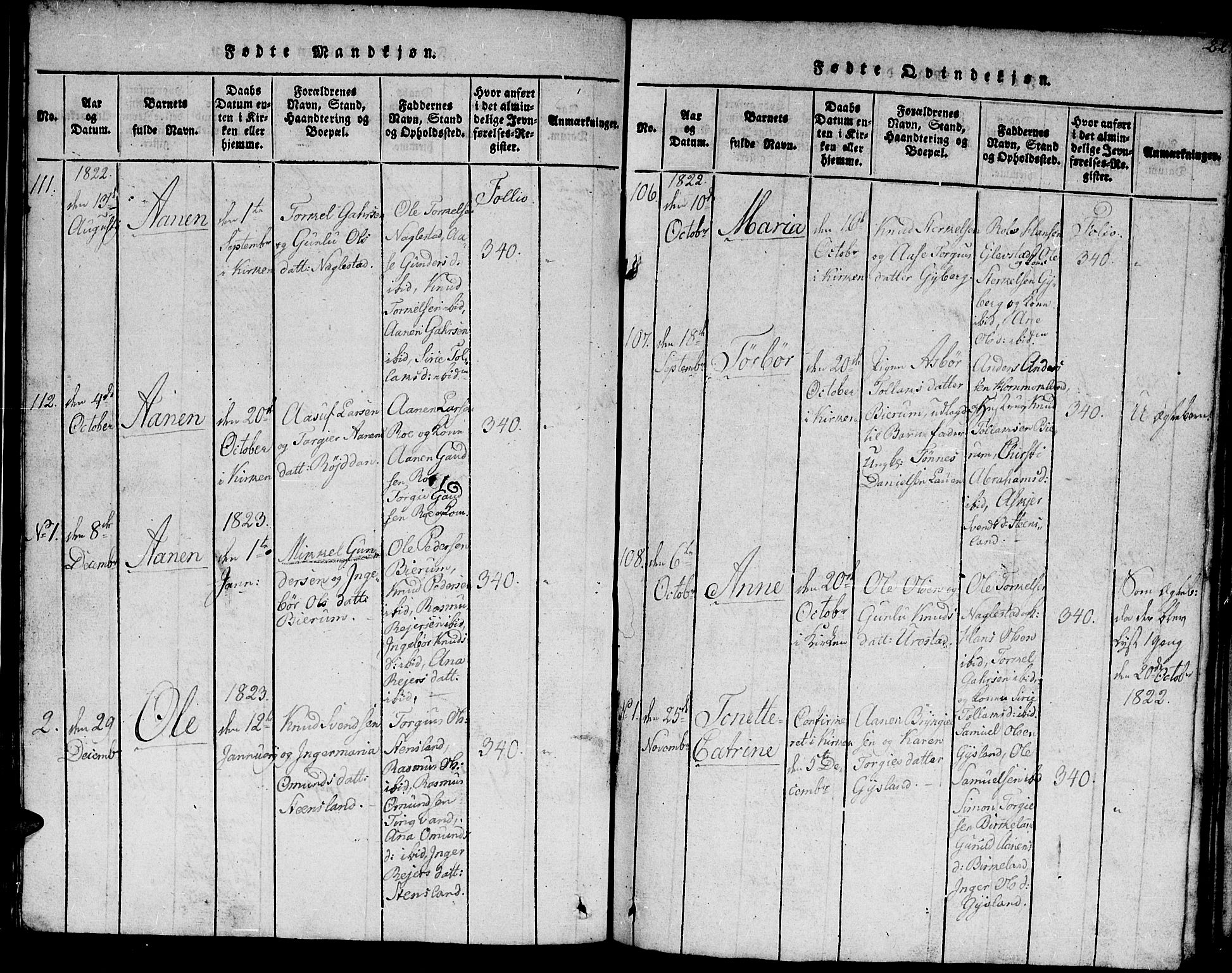 Hægebostad sokneprestkontor, AV/SAK-1111-0024/F/Fb/Fba/L0001: Parish register (copy) no. B 1, 1815-1844, p. 22