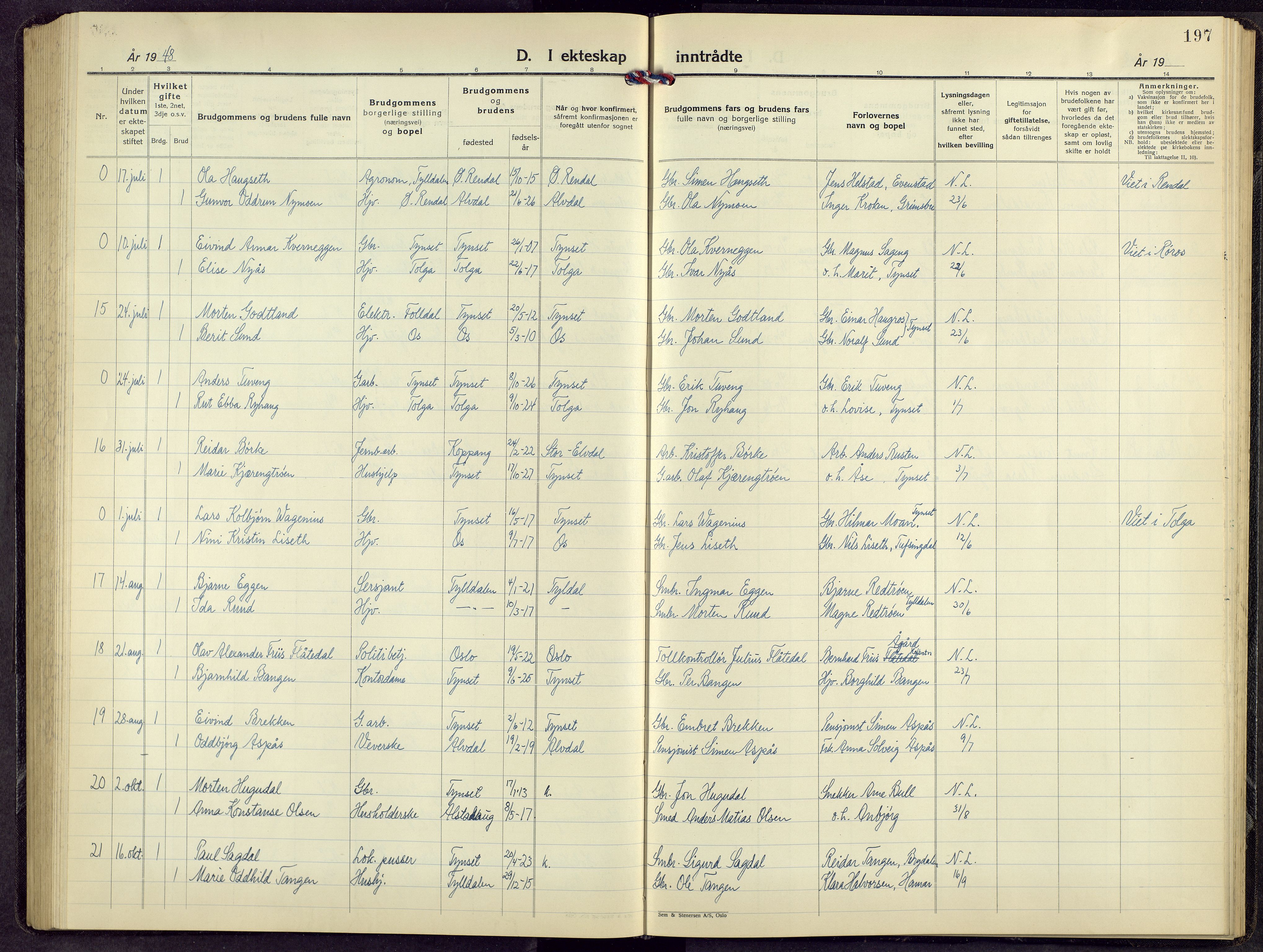 Tynset prestekontor, AV/SAH-PREST-058/H/Ha/Hab/L0014: Parish register (copy) no. 14, 1944-1960, p. 197