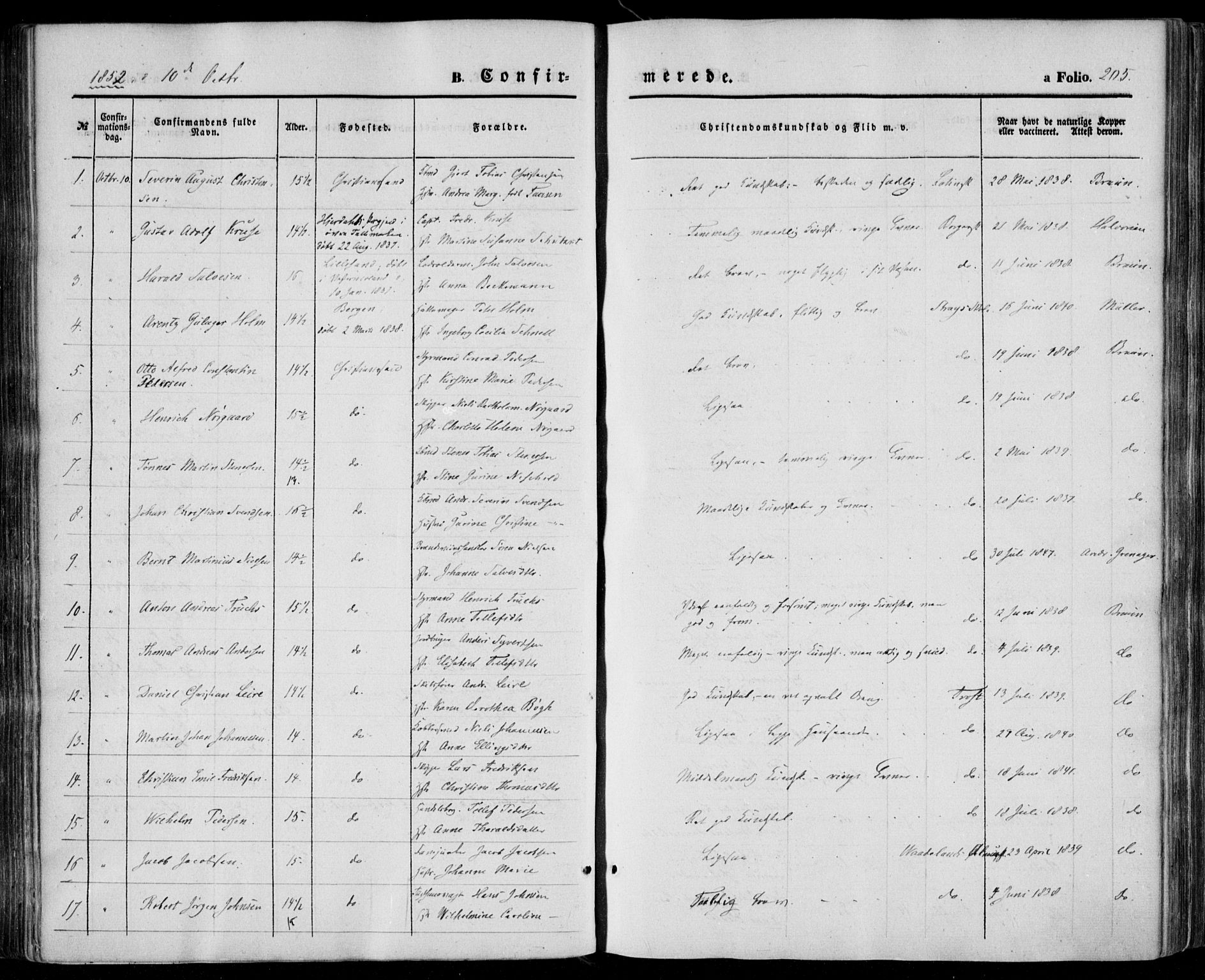 Kristiansand domprosti, SAK/1112-0006/F/Fa/L0014: Parish register (official) no. A 14, 1852-1867, p. 205