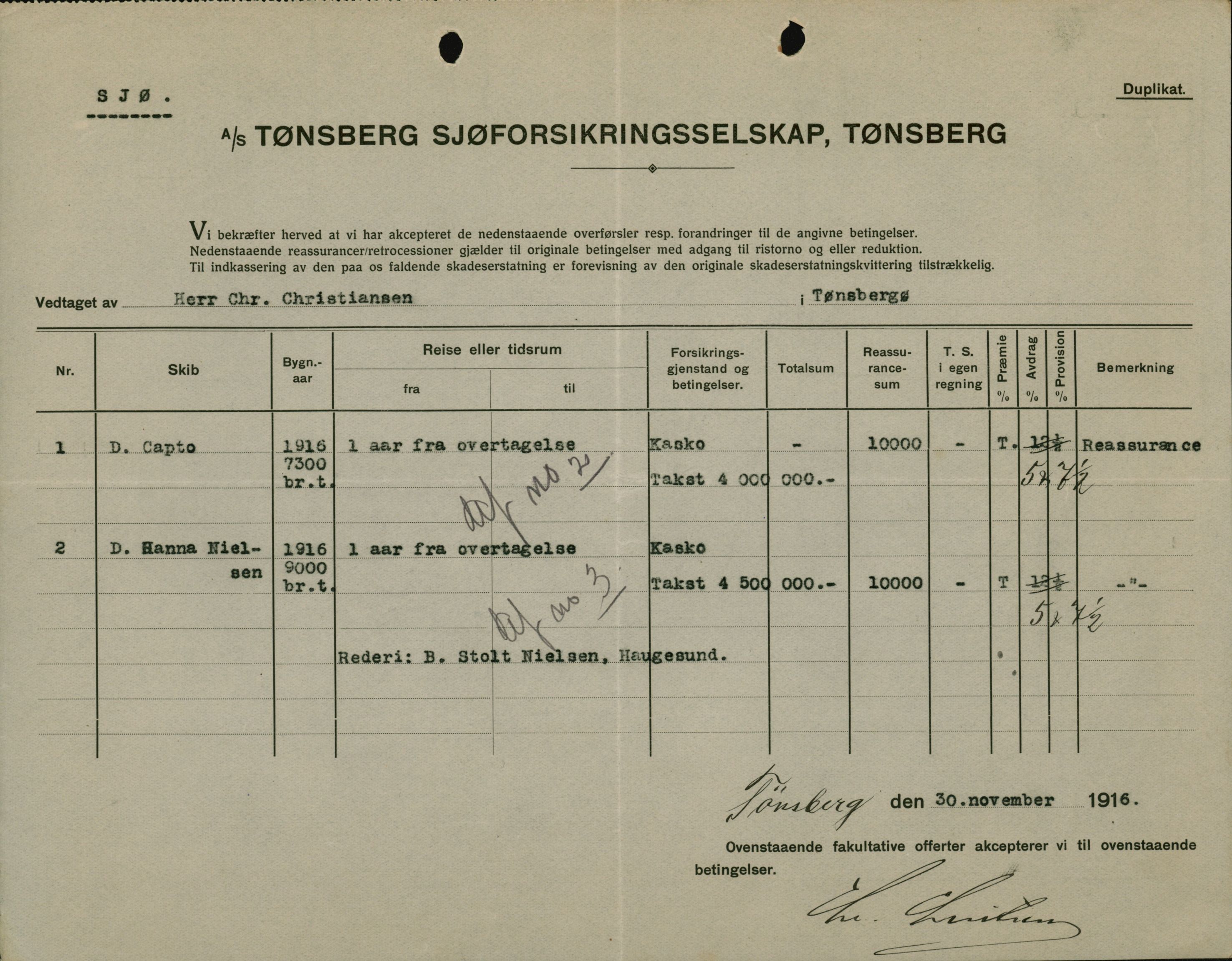 Pa 664 - Tønsberg Sjøforsikringsselskap, VEMU/A-1773/F/L0001: Forsikringspoliser, 1915-1918