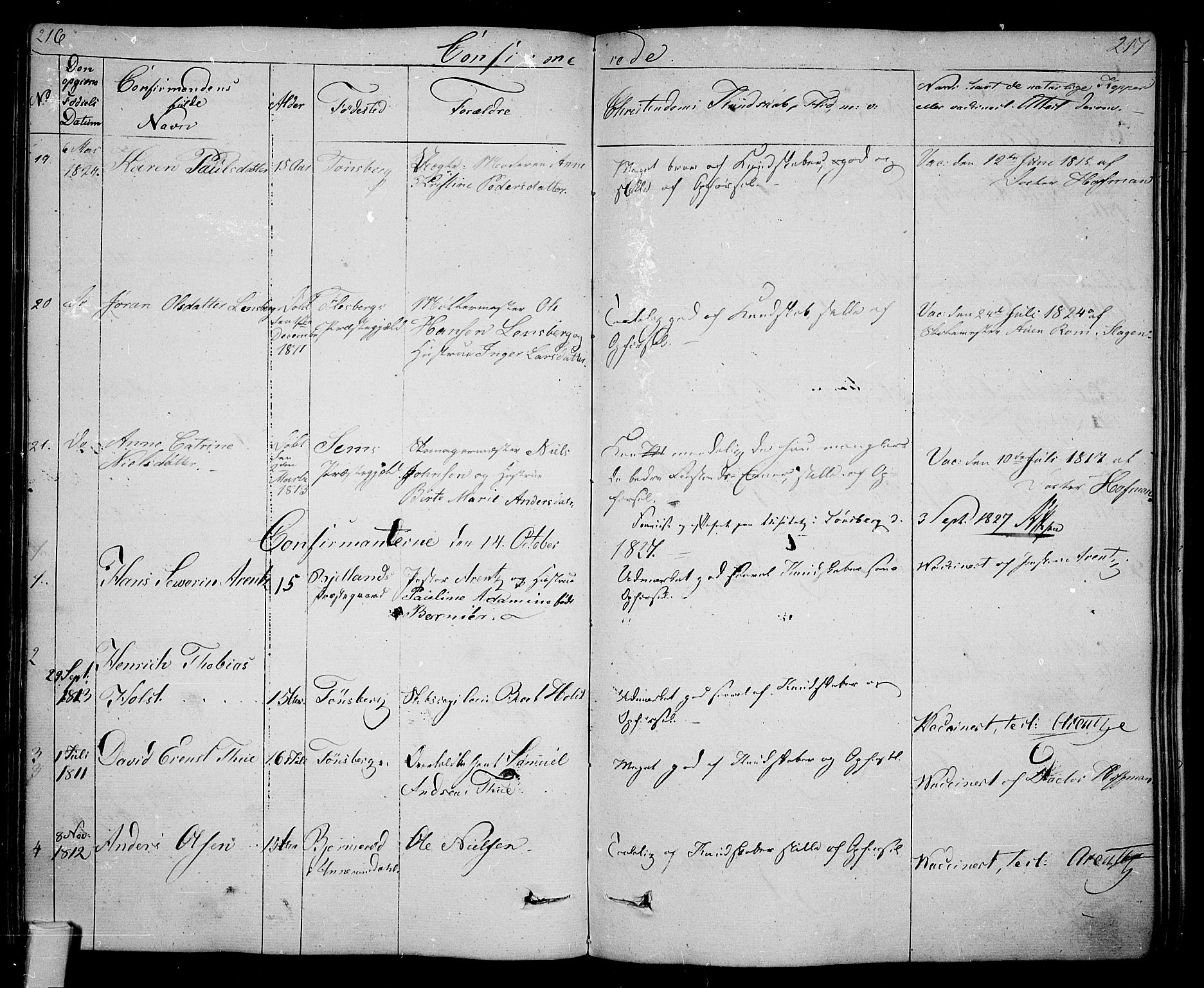 Tønsberg kirkebøker, AV/SAKO-A-330/F/Fa/L0005: Parish register (official) no. I 5, 1827-1836, p. 216-217