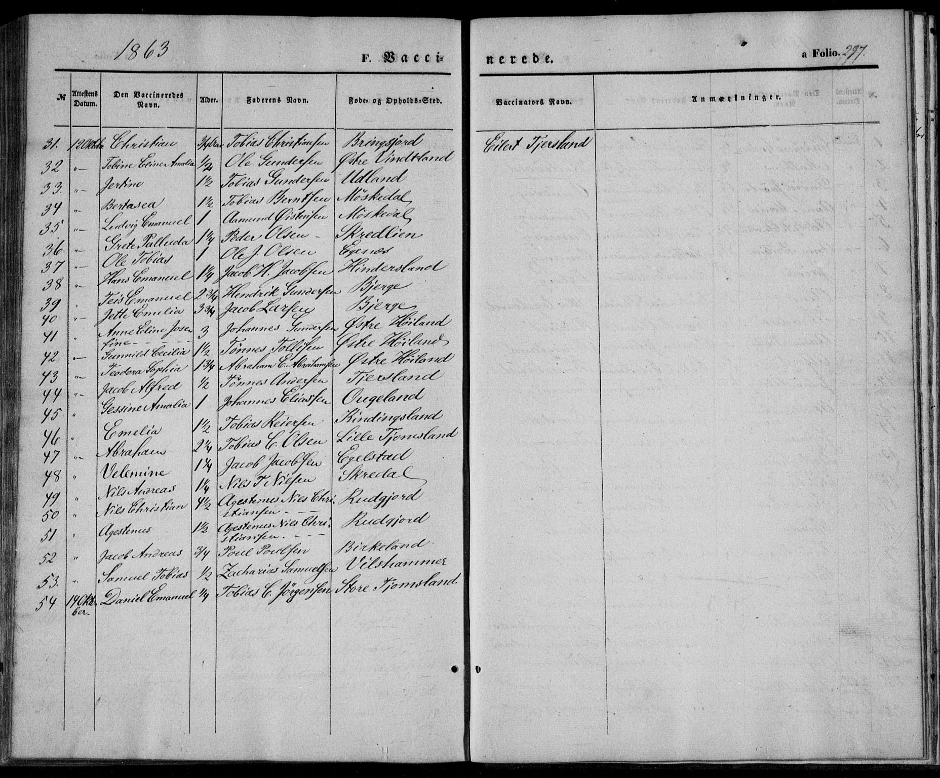 Lyngdal sokneprestkontor, AV/SAK-1111-0029/F/Fa/Fac/L0009: Parish register (official) no. A 9, 1852-1864, p. 297