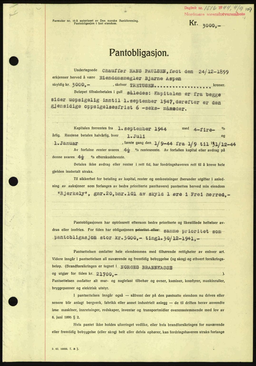 Nordmøre sorenskriveri, AV/SAT-A-4132/1/2/2Ca: Mortgage book no. B92, 1944-1945, Diary no: : 1516/1944