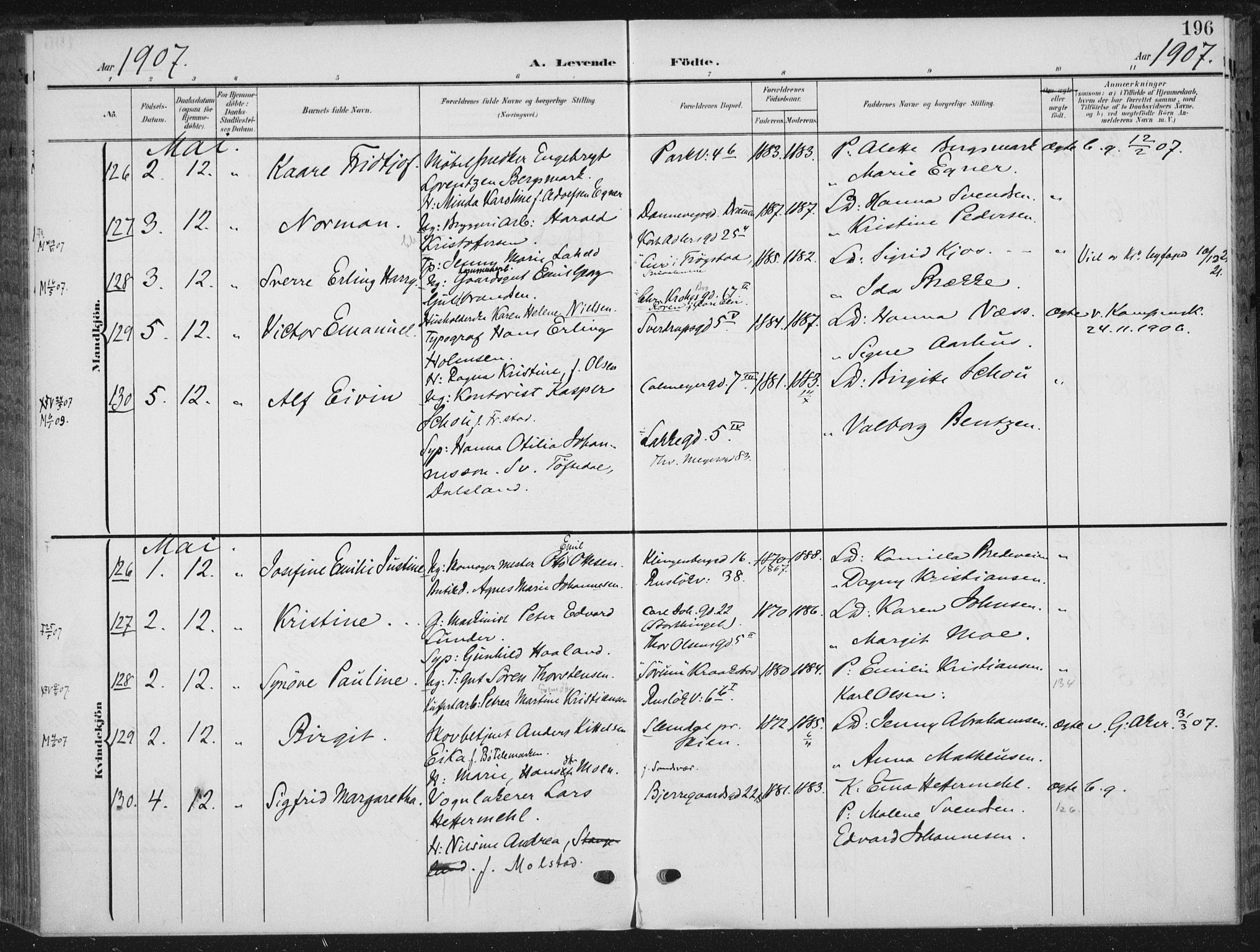 Rikshospitalet prestekontor Kirkebøker, SAO/A-10309b/F/L0013: Parish register (official) no. 13, 1905-1908, p. 196