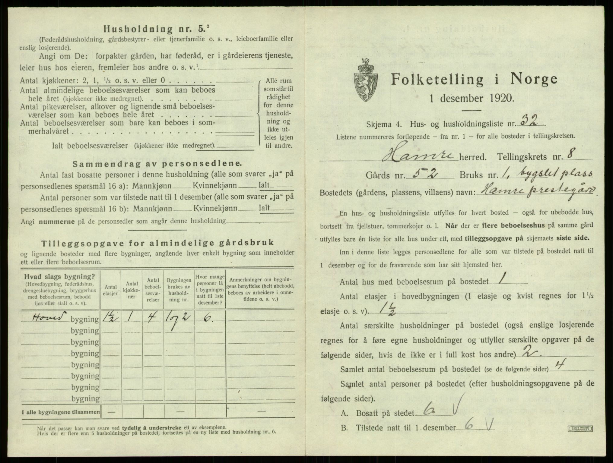 SAB, 1920 census for Hamre, 1920, p. 707