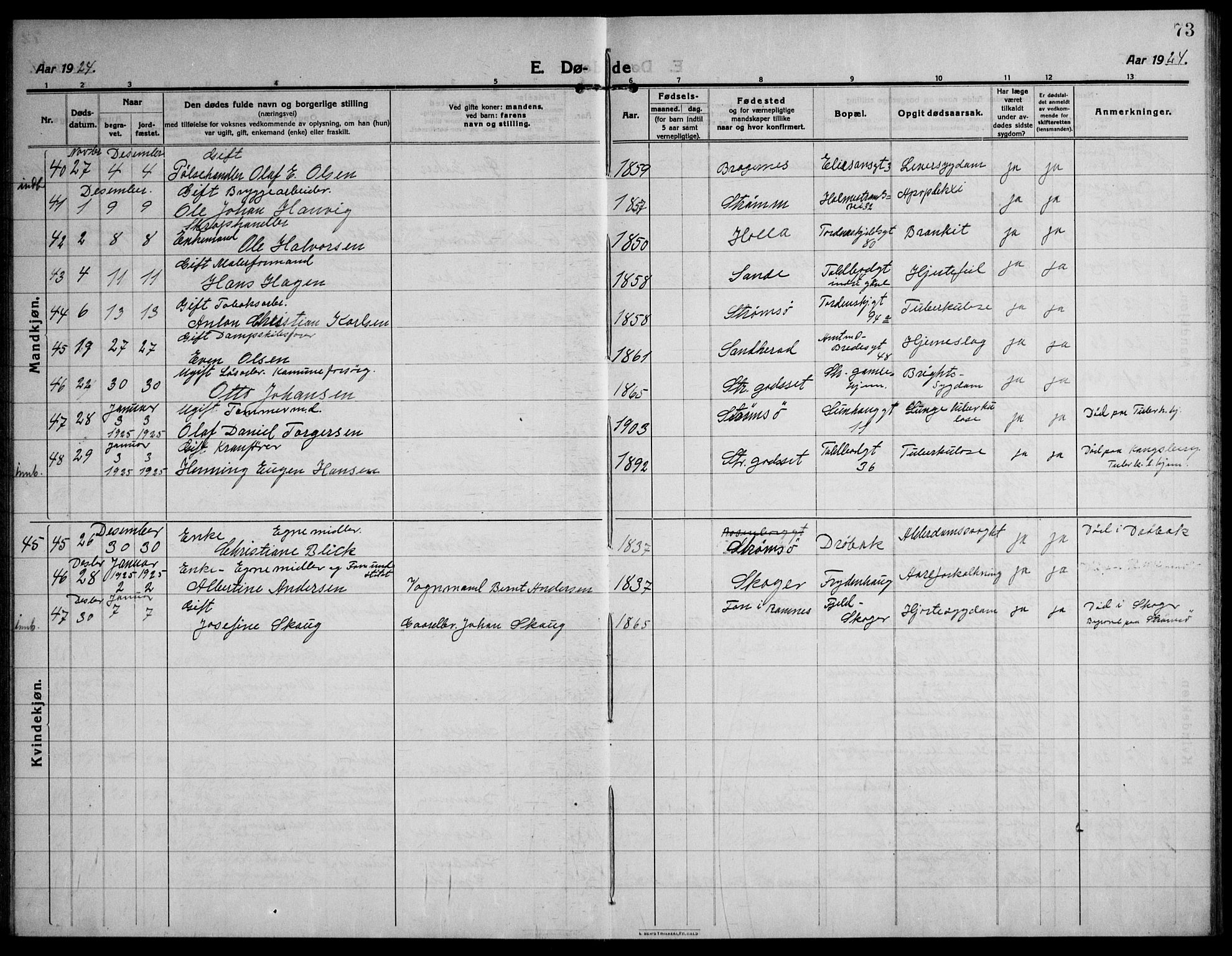 Strømsø kirkebøker, AV/SAKO-A-246/F/Fa/L0028: Parish register (official) no. I 29, 1914-1937, p. 73