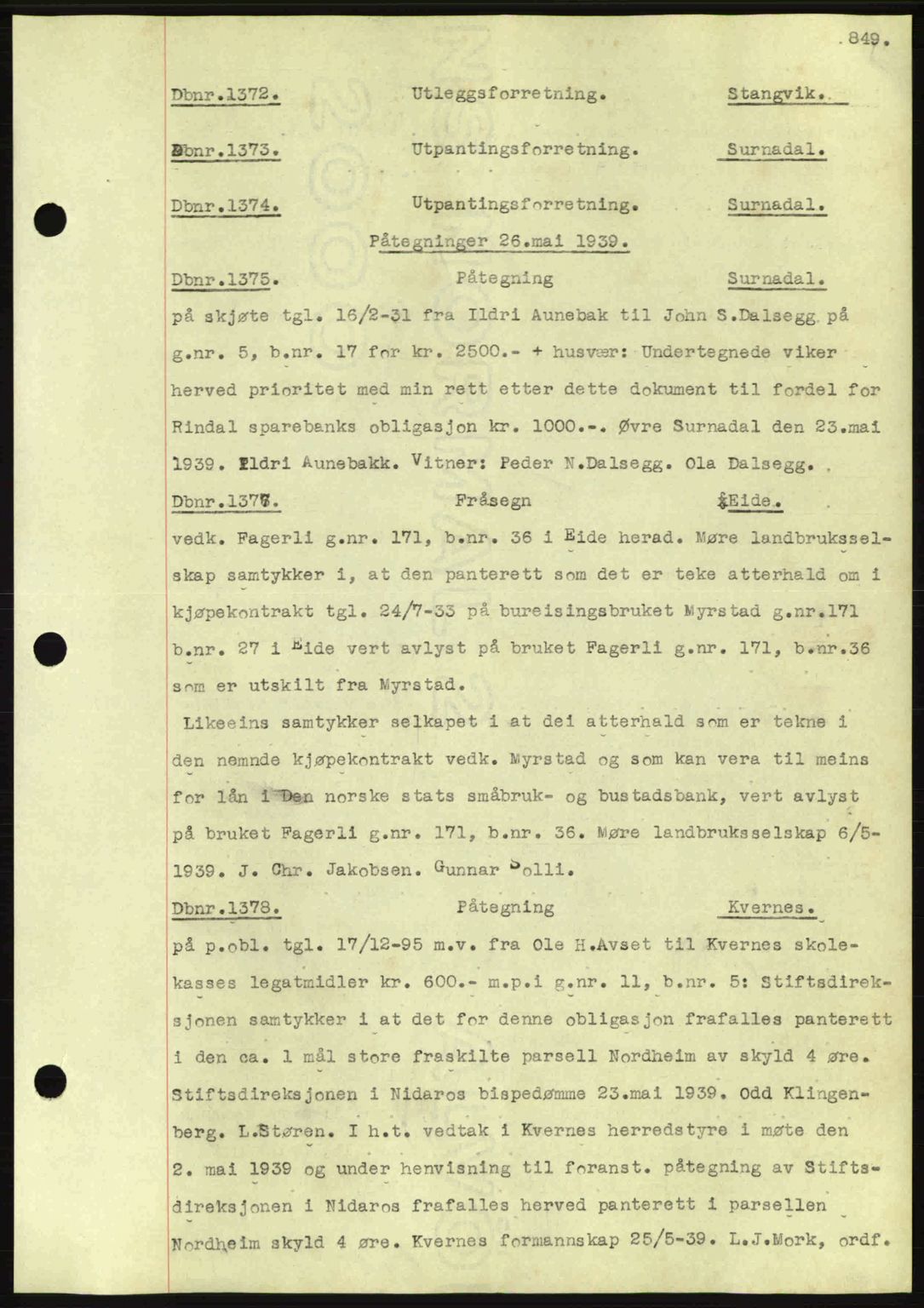 Nordmøre sorenskriveri, AV/SAT-A-4132/1/2/2Ca: Mortgage book no. C80, 1936-1939, Diary no: : 1372/1939