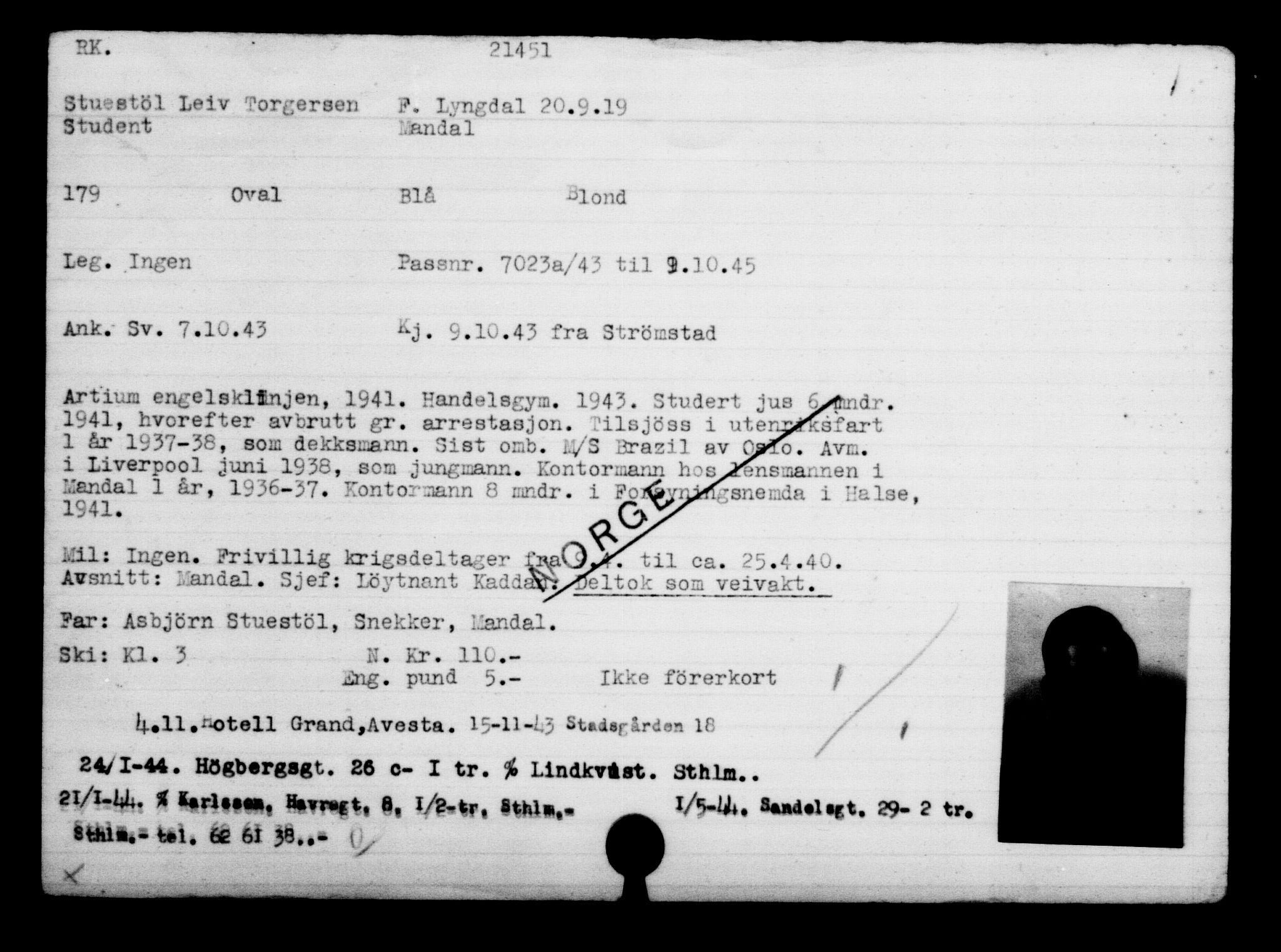 Utenriksstasjonene, Legasjonen i Stockholm, Flyktningkontoret, AV/RA-S-6753/V/Va/L0009: Kjesäterkartoteket, flyktninger med registreringsnr. 18502-22048, 1940-1945, p. 2470