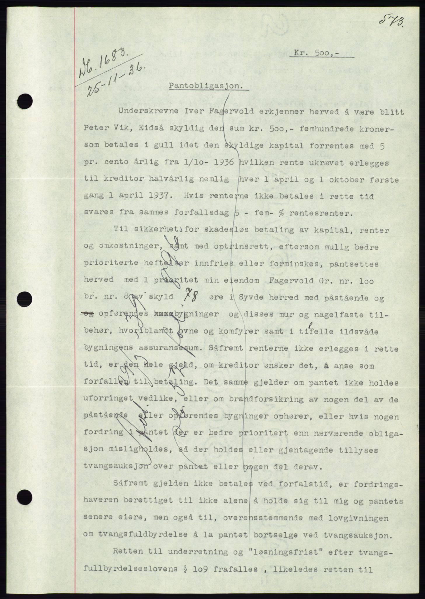 Søre Sunnmøre sorenskriveri, AV/SAT-A-4122/1/2/2C/L0061: Mortgage book no. 55, 1936-1936, Diary no: : 1683/1936