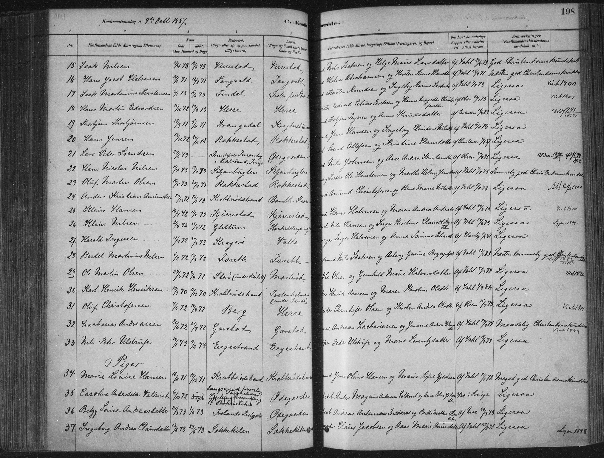 Bamble kirkebøker, AV/SAKO-A-253/F/Fa/L0007: Parish register (official) no. I 7, 1878-1888, p. 198