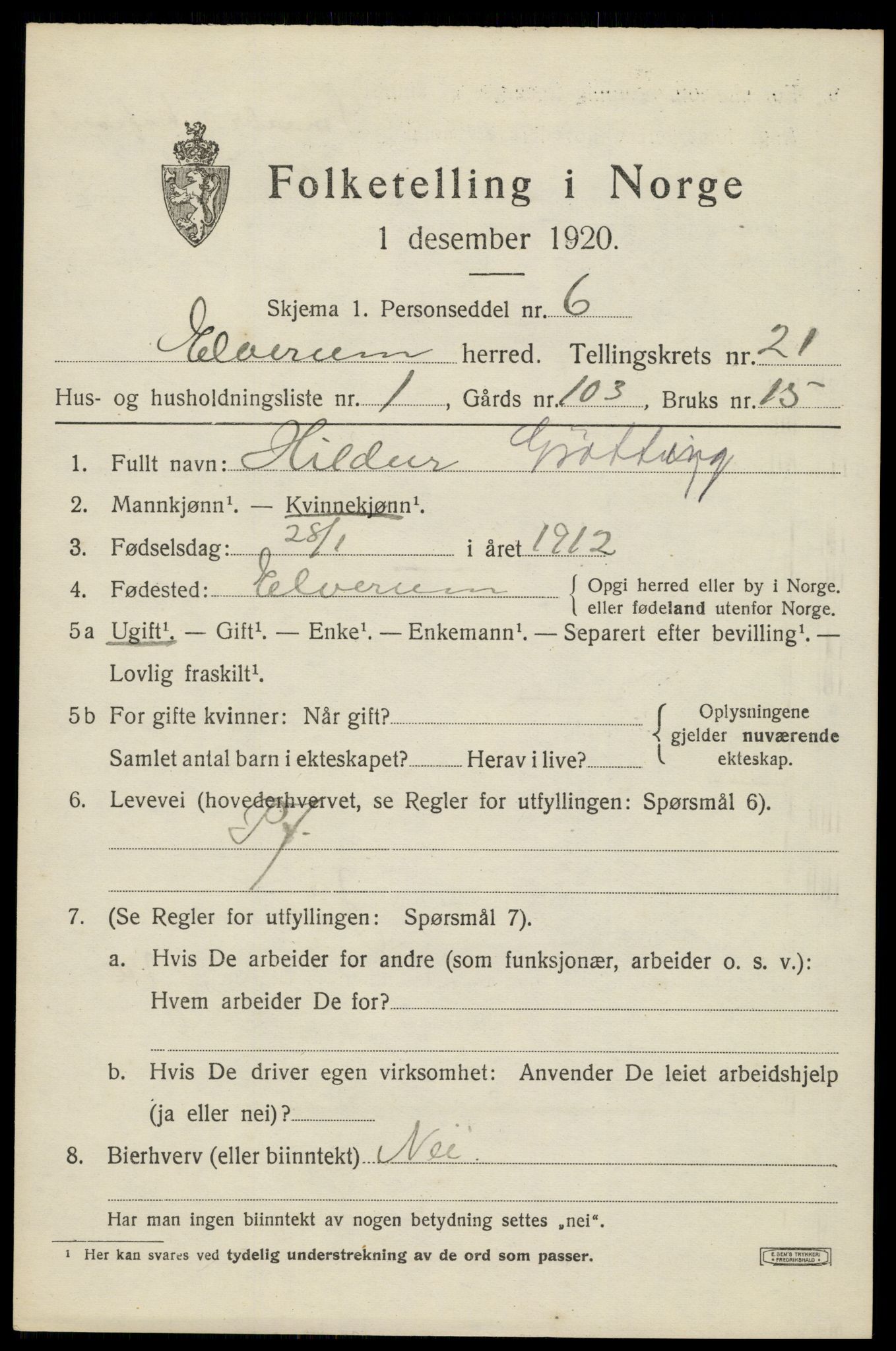 SAH, 1920 census for Elverum, 1920, p. 23834