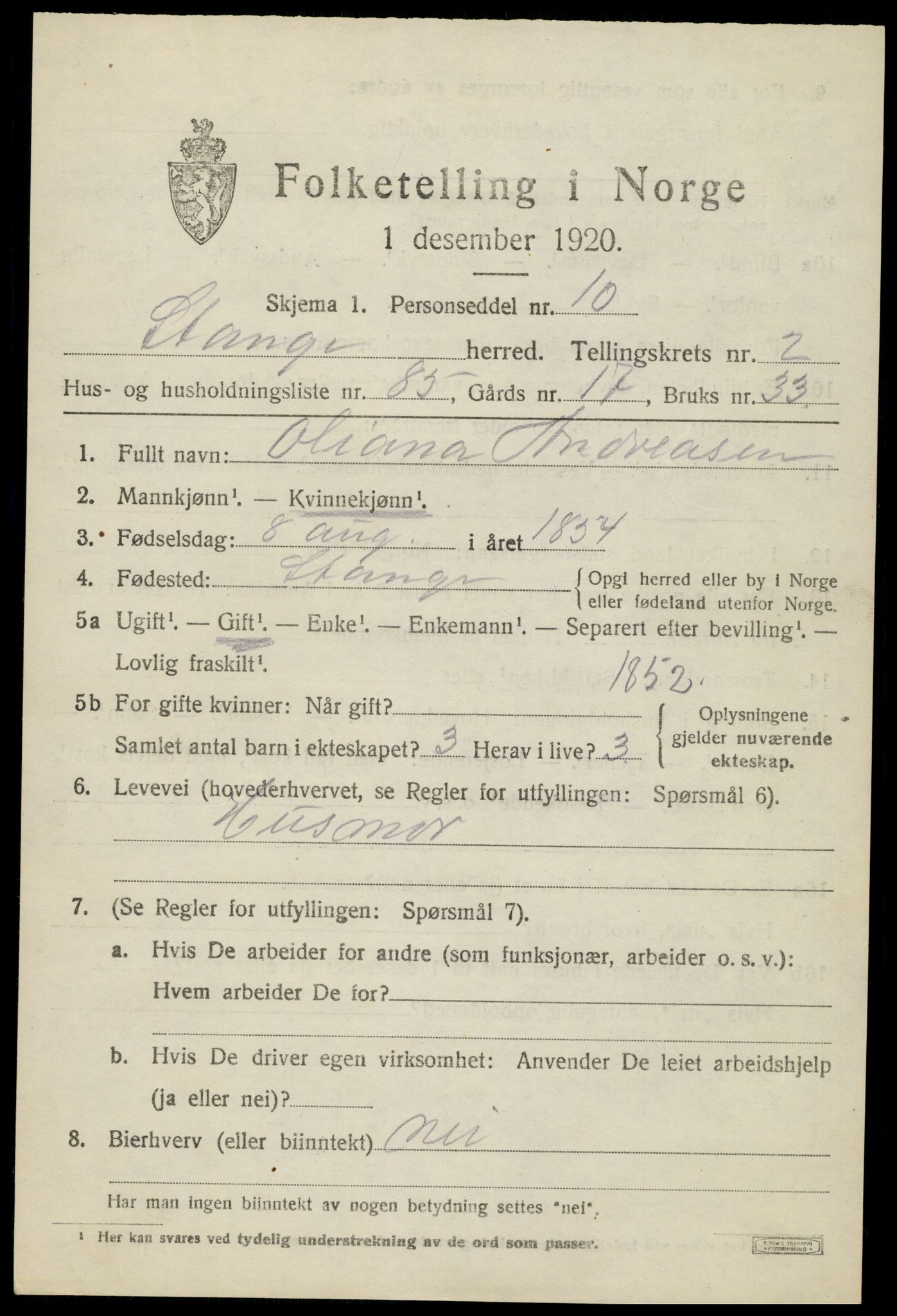 SAH, 1920 census for Stange, 1920, p. 5195