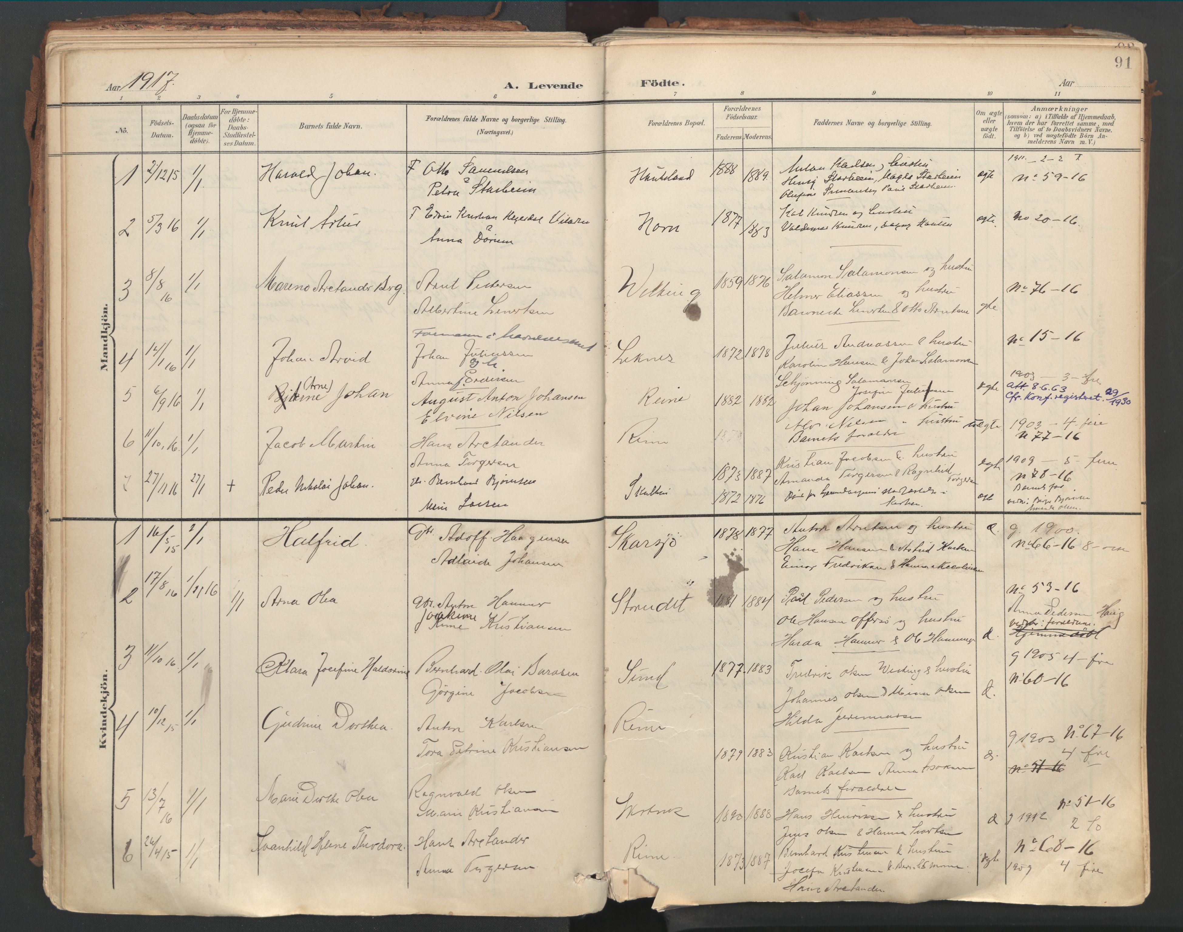 Ministerialprotokoller, klokkerbøker og fødselsregistre - Nordland, SAT/A-1459/881/L1154: Parish register (official) no. 881A07, 1907-1918, p. 91